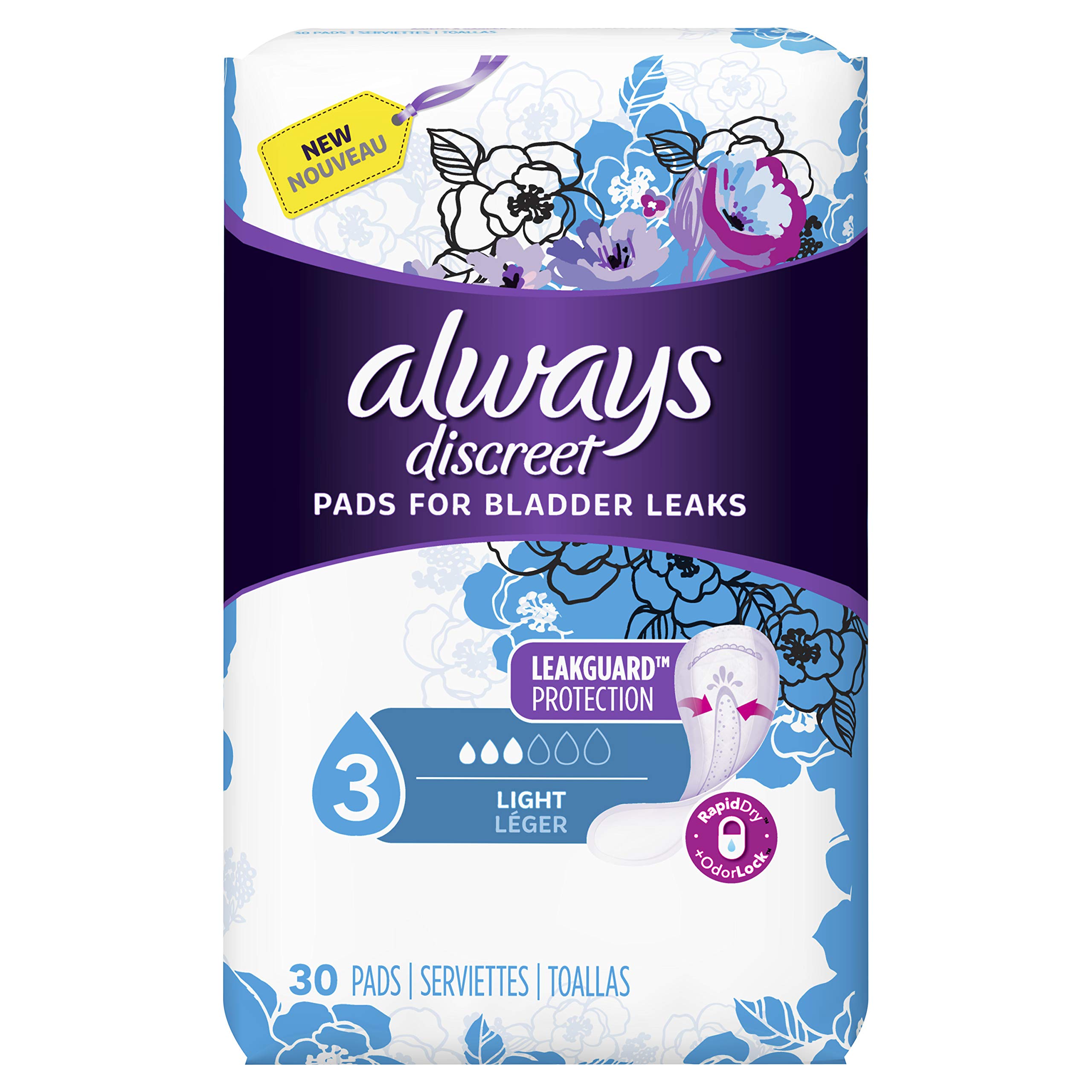 Always Discreet Incontinence Pads for Women, Light Absorbency, 90 Count (30 Count, Pack of 3-90 Count Total)