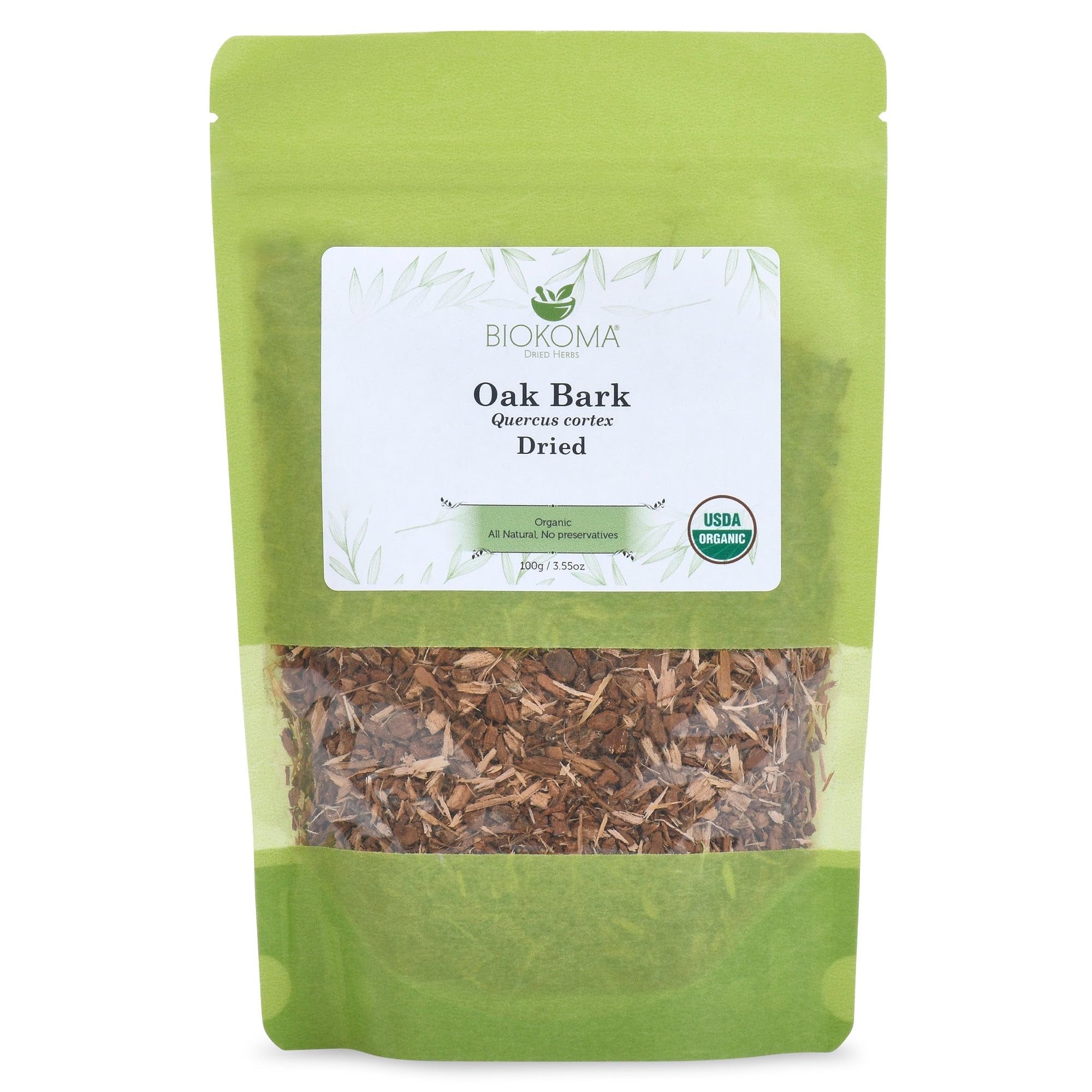 Biokoma Pure and Organic Oak Bark Dried Herb 100g (3.55oz) in Resealable Moisture Proof Pouch, USDA Certified Organic - Herbal Tea, No Additives, No Preservatives, No GMO, Kosher