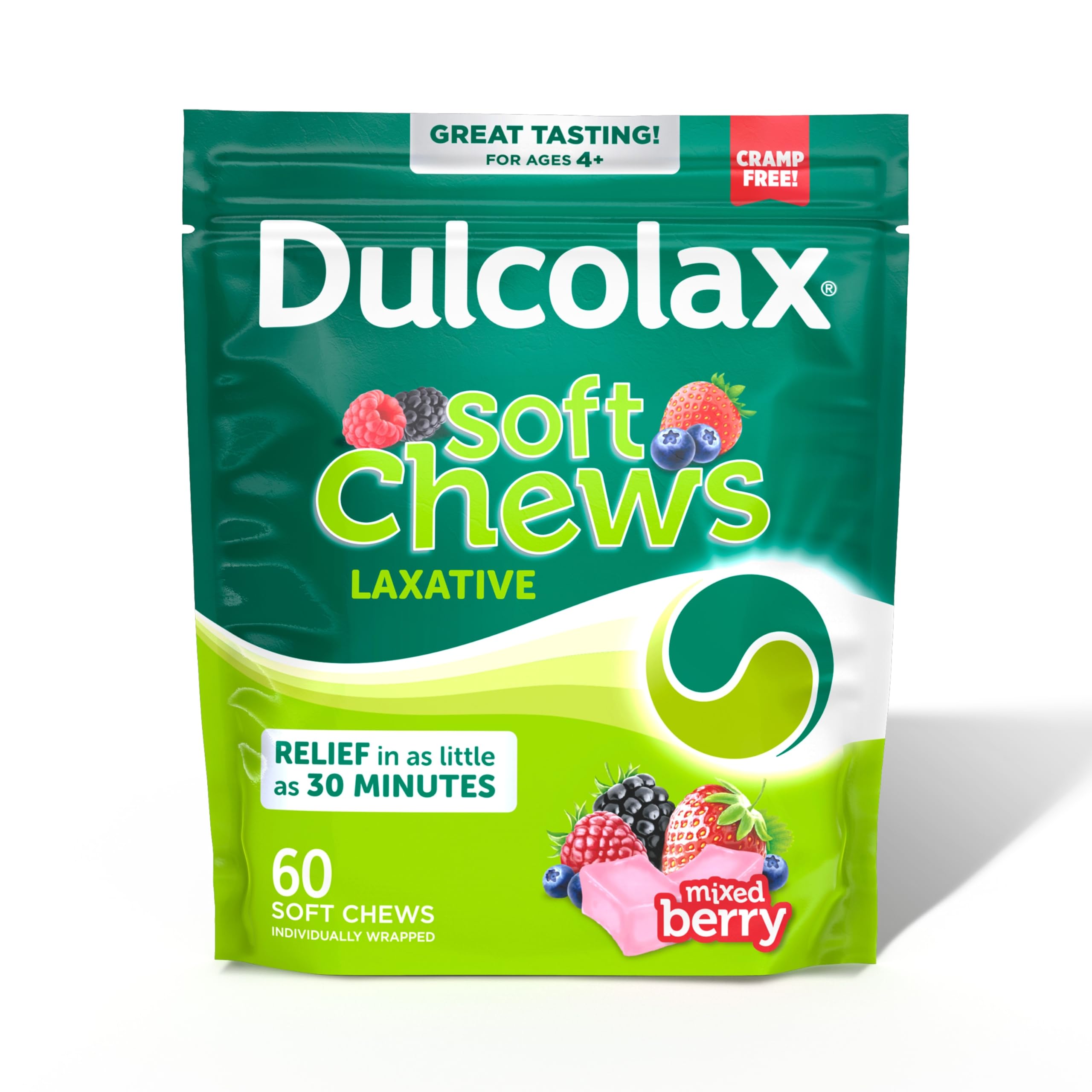 DulcolaxSaline Laxative Soft Chews, Gentle Constipation Relief, Mixed Berry Flavor, Magnesium Hydroxide 1200 mg, 60 Count