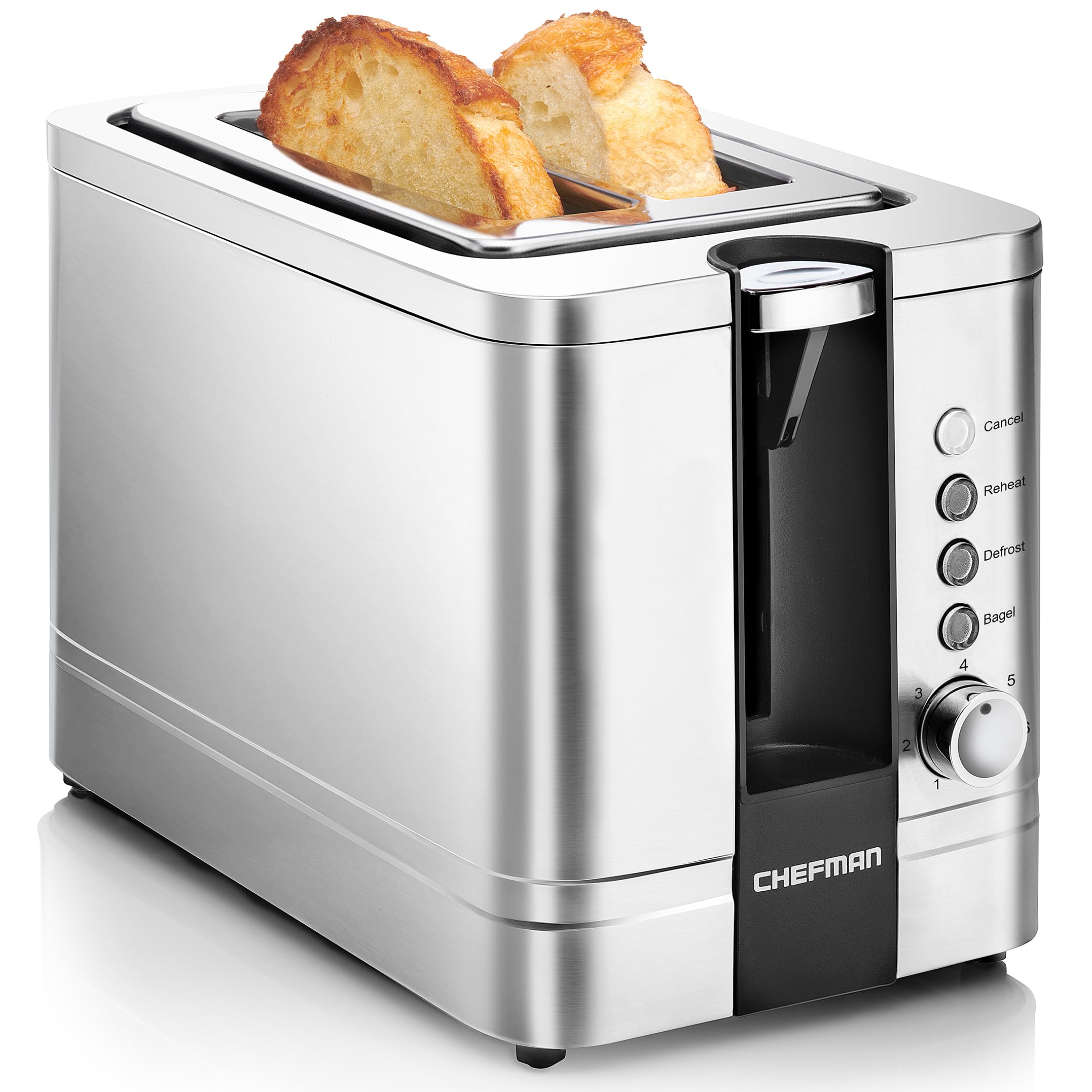 Chefman2-Slice Pop-Up Stainless Steel Toaster w/ 7 Shade Settings, Extra Wide Slots for Toasting Bagels, Defrost/Reheat/Cancel Functions, Removable Crumb Tray, 850W, 120V, Silver