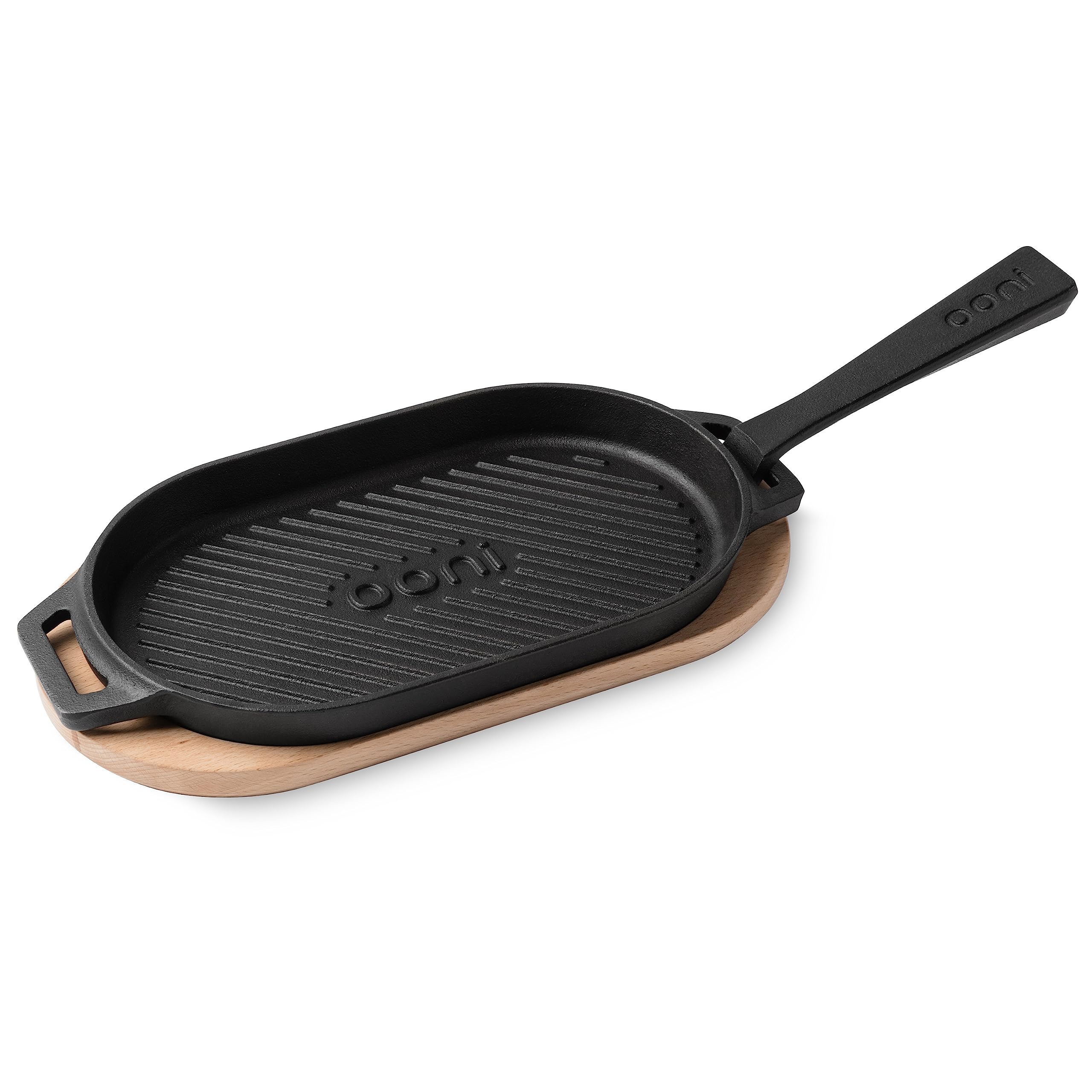 ooniCast Iron Grizzler Pan with Handle & Wooden Base – Versatile Griddle and Sizzler Pan for Grill Marks – Essential Pizza Oven Accessory