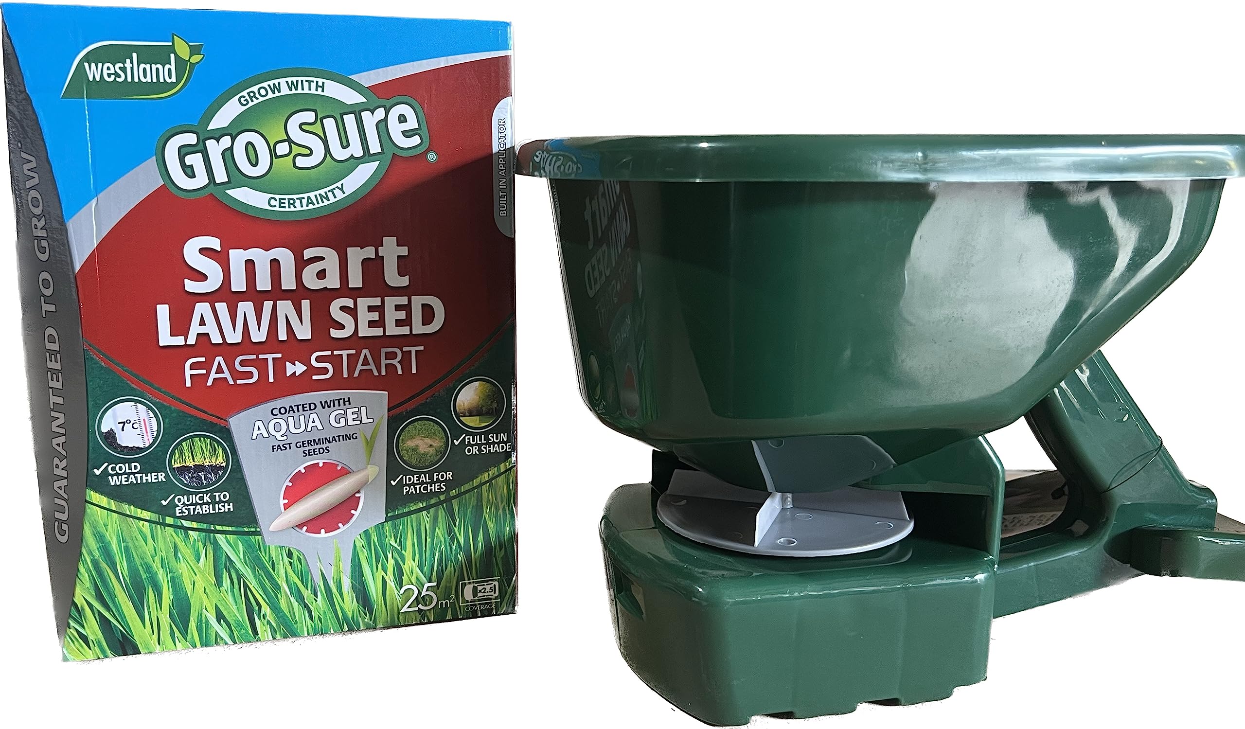 GRO-Sure Smart Lawn Seed Fast Start 25m2 with Deluxe Hand Lawn Seed and Fertiliser Spreader - Multibuy - Aqua Gel Technology