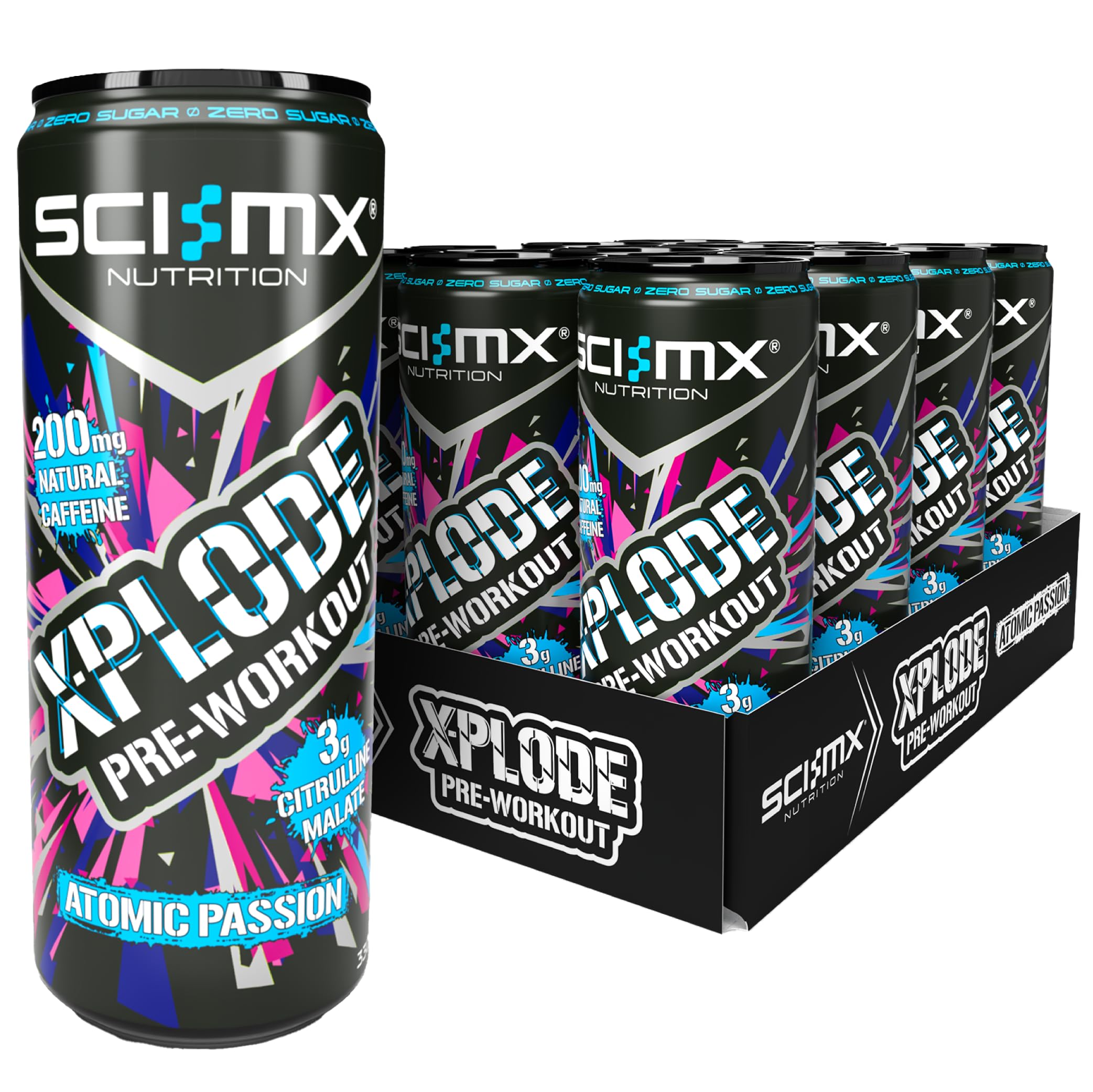 SCI-MXX-PLODE Pre-Workout Energy Drink - Sour Watermelon Flavour - 330ml x 12 - 200mg Natural Caffeine, 3000mg Citrulline Malate, Vitamin B3, B6 + B12 - 24kcal/serving - Suitable for Vegans