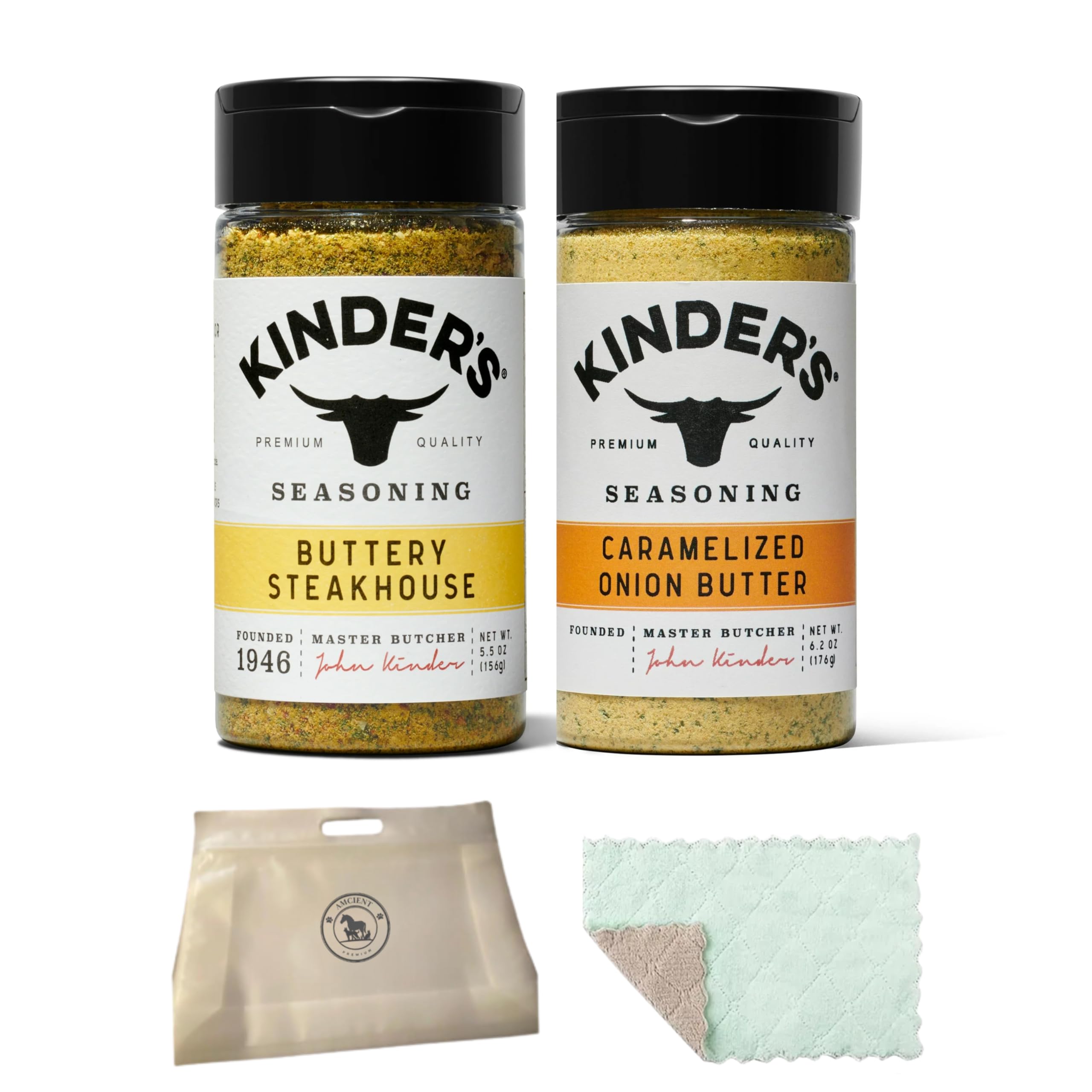 Kinders Seasoning Variety Pack - Kinders Buttery Steakhouse Seasoning (5.23oz), Kinders Caramelized Onion Butter Seasoning (6.2oz) Bundle With Food Pouch And Microfiber Wash Cloth By AMCIENT.