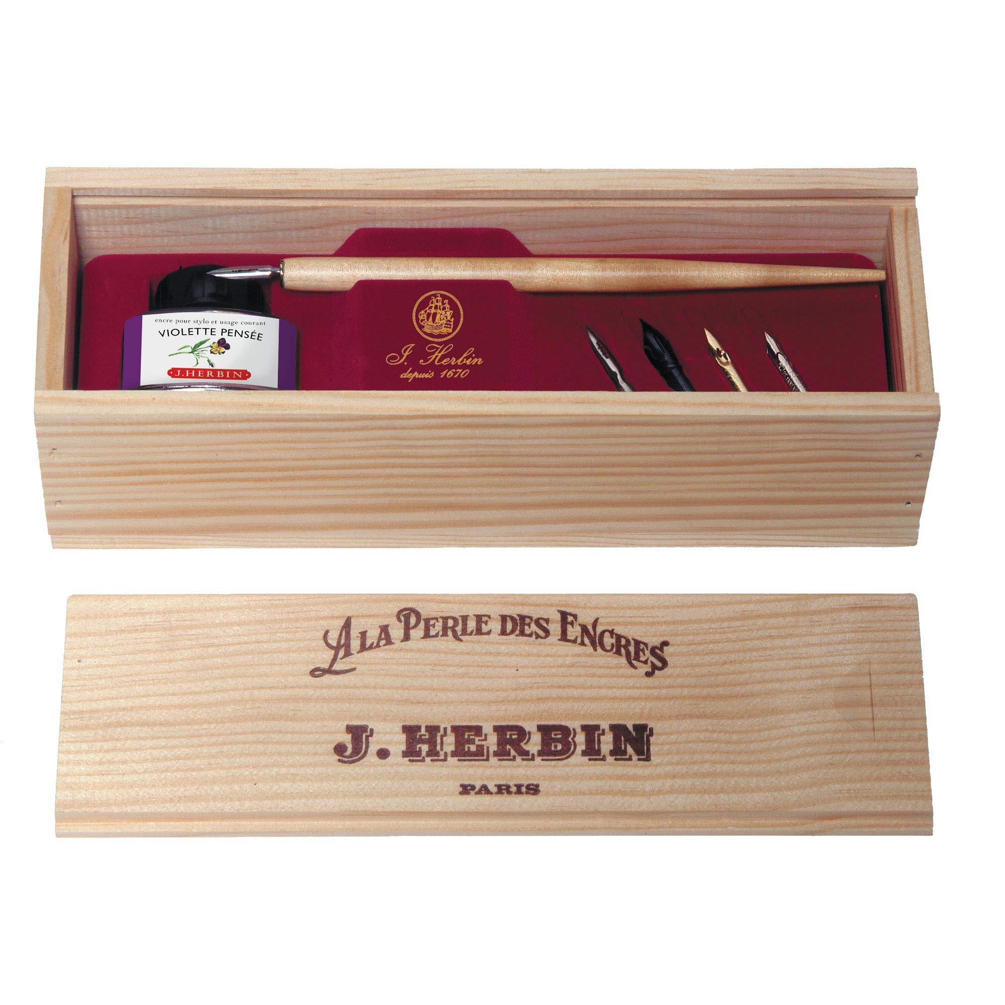 Herbin 27009T - A Wooden Box ''La Perle Noire'' Including a Wooden Nib Holder, 5 Metal nibs, a 30 ml Bottle of Ink and Instructions