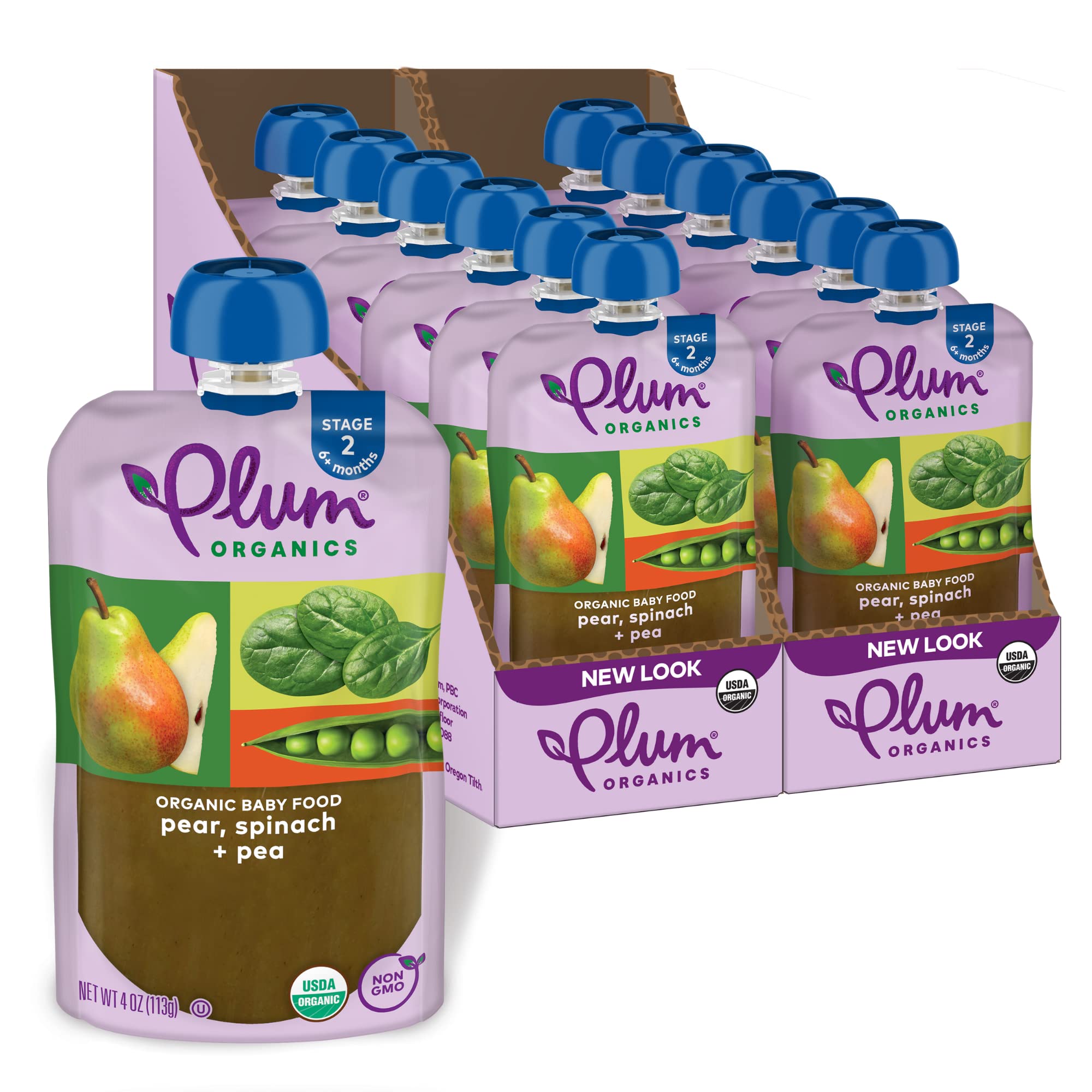 Plum Organics Stage 2 Organic Baby Food - Pear, Spinach, and Pea - 4 oz Pouch (Pack of 12) - Organic Fruit and Vegetable Baby Food Pouch