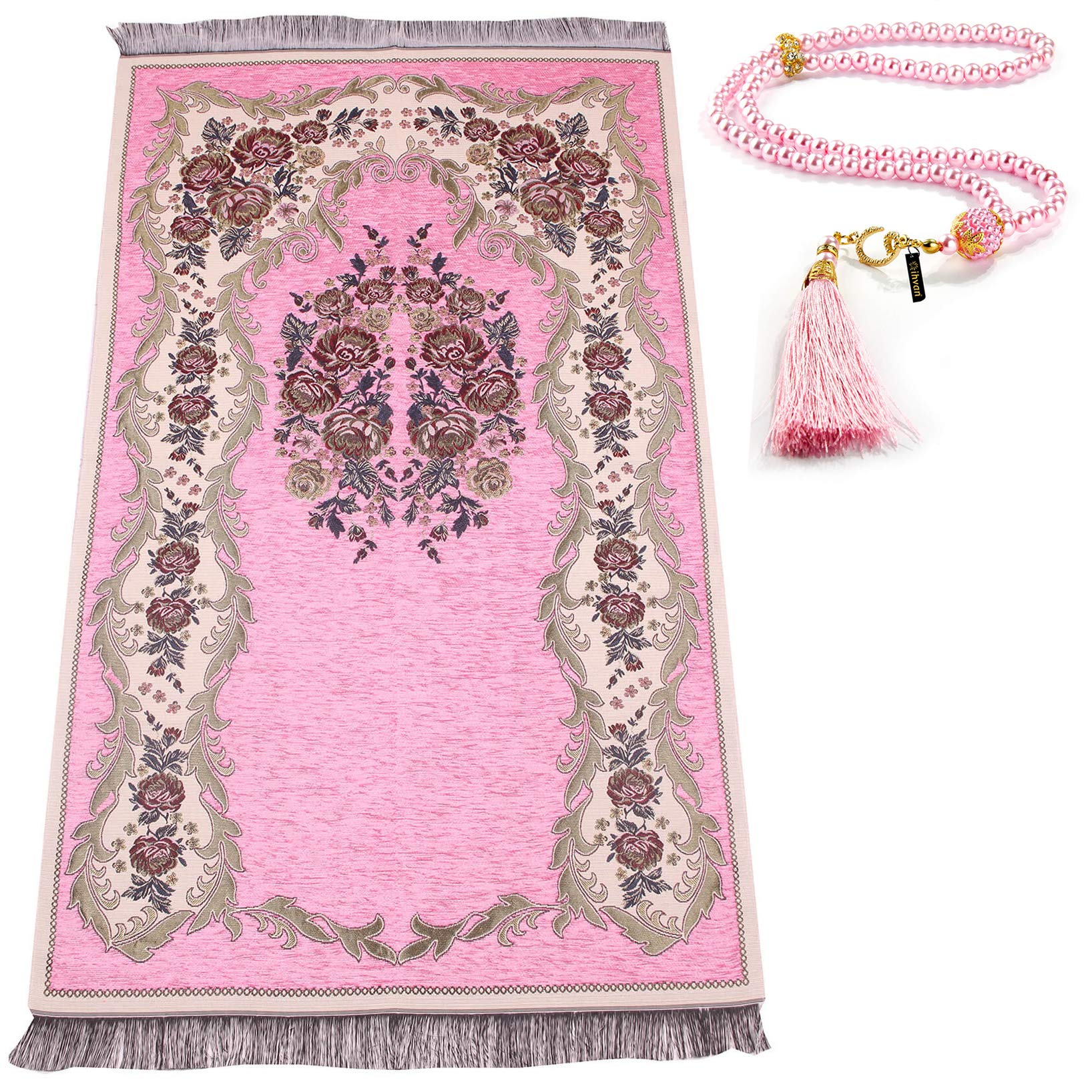 Muslim Prayer Rug with Prayer Beads Gift | Janamaz | Sajjadah | Soft Islamic Prayer Rug | Islamic Gifts | Prayer Carpet Mat, Chenille Fabric, Pink