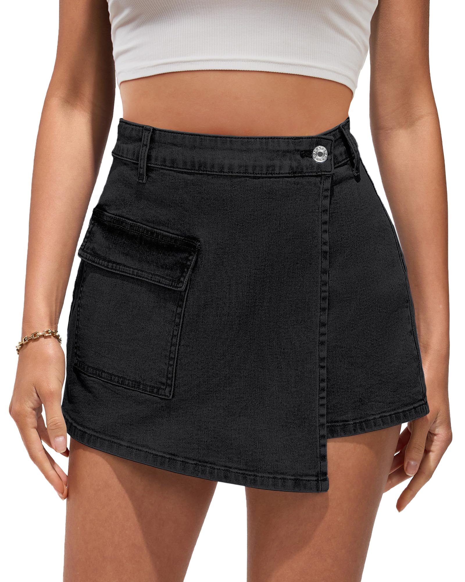 luvamiaDenim Skorts for Woman Cargo Faux Wrap Jean Skort Skirts Stretchy High Waisted Skirt Shorts Country Concert Wear