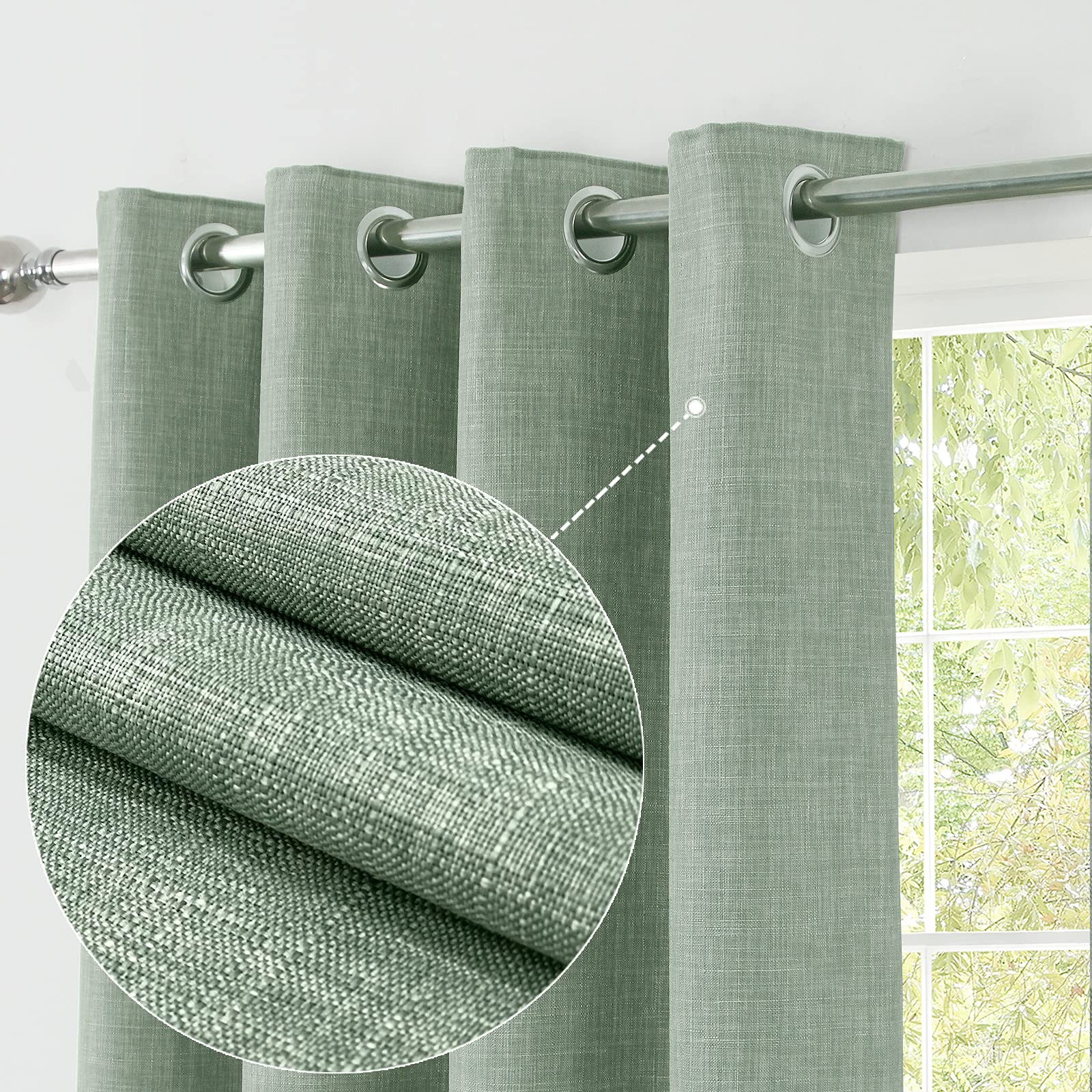 always4uLinen Look 100% Blackout Eyelet Curtains Thermal Energe Saving for Bedroom 1 Pair Noise Reducing Solid Modern Window Treatment for Home Decoration Sage Green W66*L72