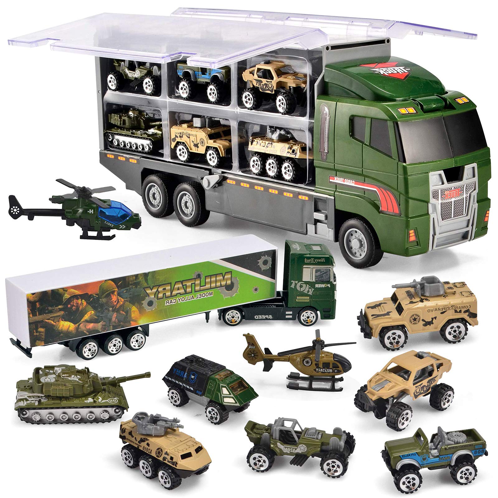 Joyfia 10 in 1 Die-Cast Military Vehicles Truck, Mini Army Vehicles Truck Car Transporter Toy Set in Carrier Car Toy for 3+ Years Old Children Boys Girls