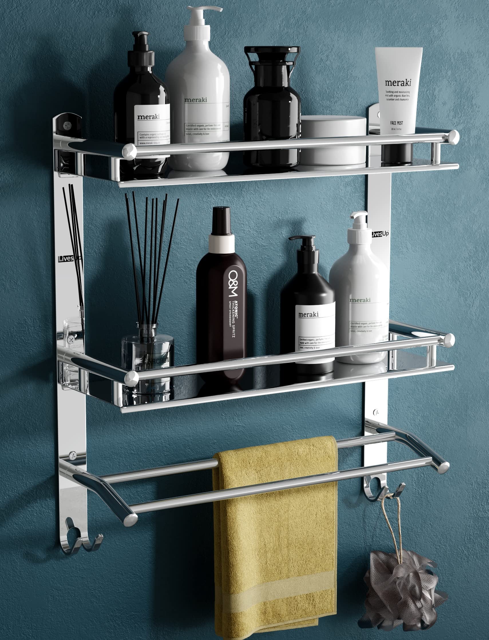 LivesUp Multipurpose Stainless Steel Double Layer Shelf with Towel Rod I Multipurpose Wall Mount Bath Shelf Organizer l Bathroom Shelf and Rack I Bathroom Accessories - Chrome Finish, Silver