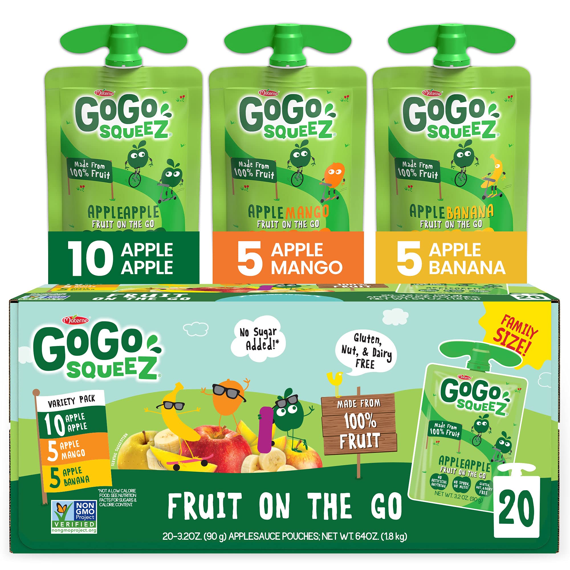 GoGo SqueeZFruit On The Go Variety Pack, Apple Apple, Apple Banana, & Apple Mango, 3.2 oz. (20 Pouches) - Tasty Kids Applesauce Snacks - Gluten Free Snacks For Kids - Nut & Dairy Free - Vegan Snacks