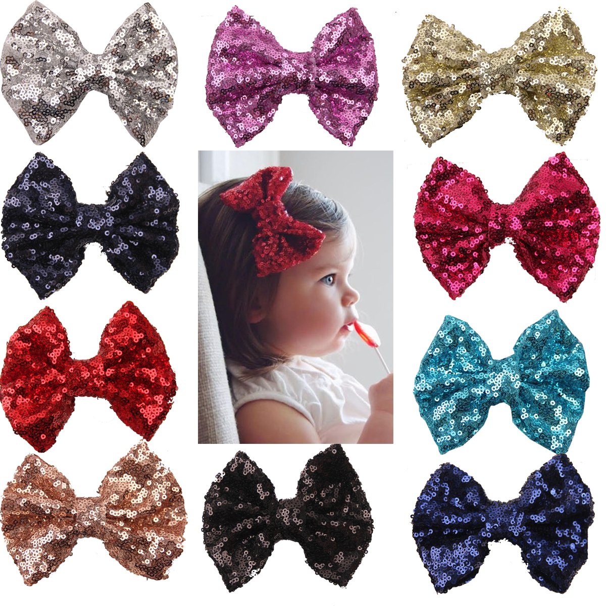 xsby Party Hair Bows Clips for Girls, 10pcs Children Sequins Bow Barrettes Cute Baby Girl Bow Hair Clips A