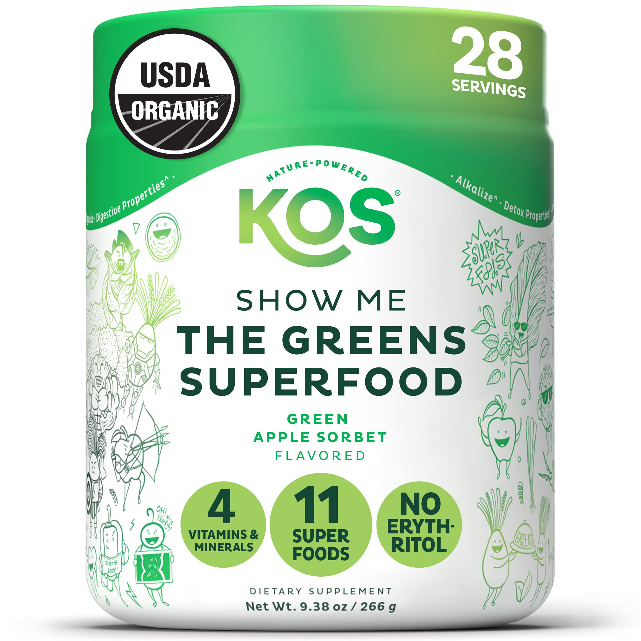 KOSOrganic Greens Blend - Refreshing Green Apple Sorbet Flavor - Super Greens Powder - Immune Support, Aides Digestion, Alkalizing Formula - Spirulina, Wheatgrass, Chlorella - 30 Servings 10 Ounce