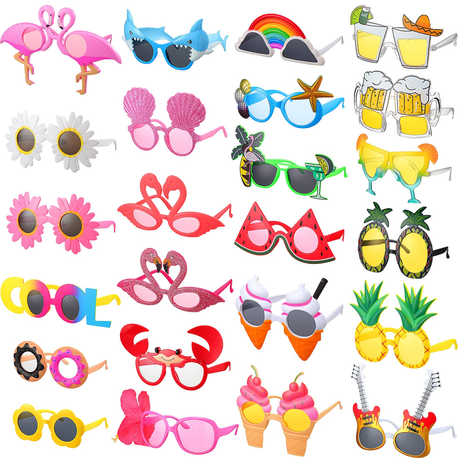 24 Pairs Luau Party Sunglasses for Summer Hawaiian Tropical Sunglasses Multicolor Funny Dress Props Birthday Beach Themed Pool Party Decorations for Adult Kids