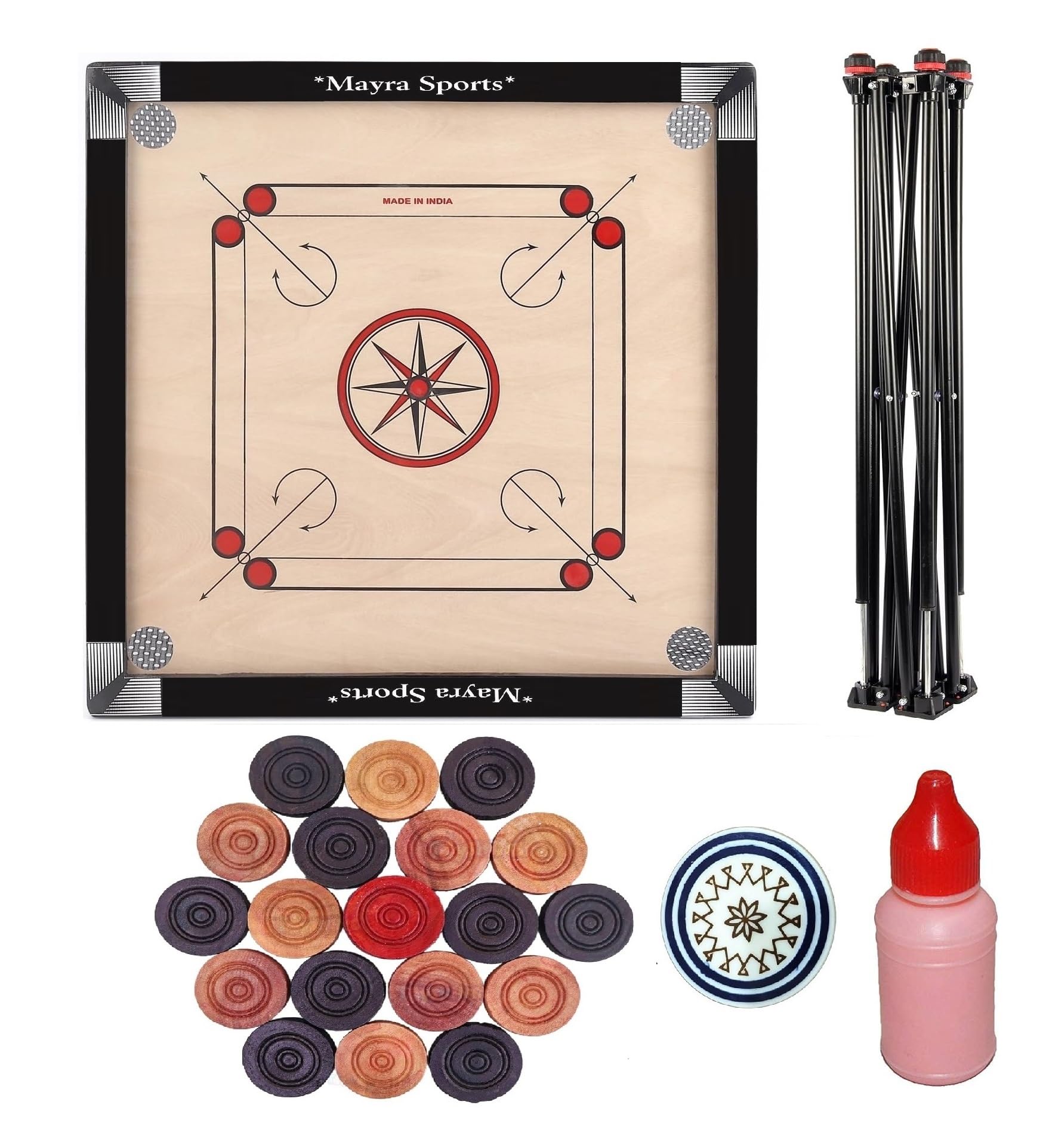 Mayra Primium Wooden Carrom Board with All Accessories (Full Size 32 * 32 with Stand)