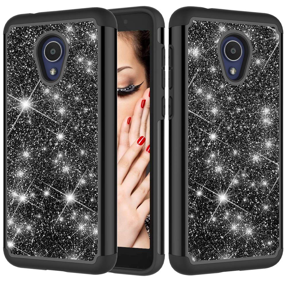 Phone Shell Glitter Powder Contrast Skin Shockproof Silicone + PC Protective Case for Alcatel 1X Evolve/Alcatel TCL LX/Alcatel IdealXtra 2018 (Color : Black)