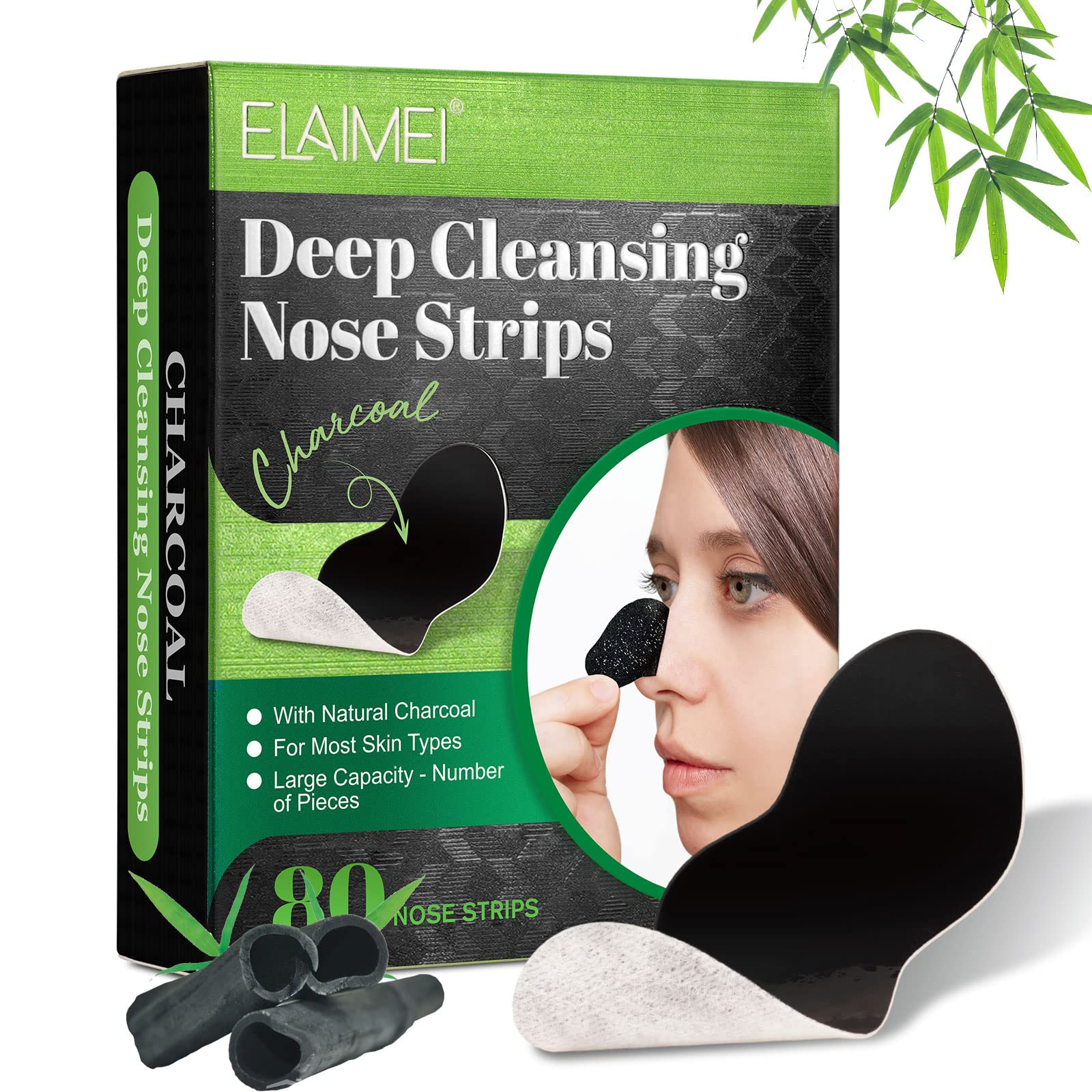 NIFEISHIUnscented Deep Cleansing Charcoal Pore Strips, 80 Count, Removes Blackheads, Tightens Pores, For Face and Nose