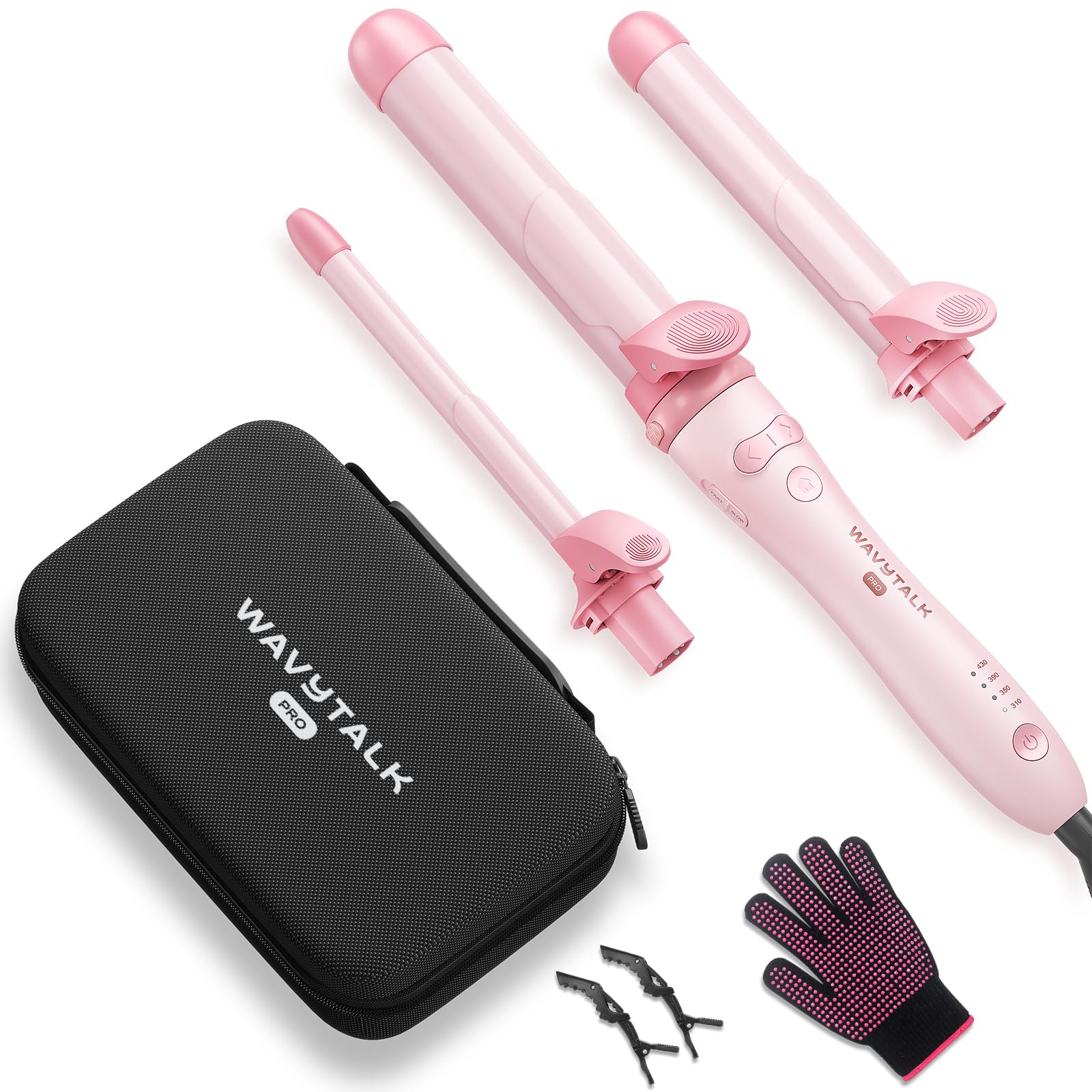 wavytalkPro Rotating Curling Iron Set, Automatic Curling Iron Set with 3 Interchangeable Ceramic Barrel(0.5”-1.25”), Adjustable Heat/Speed/Direction of Rotation, Salon-Quality Curls and Waves, Pink