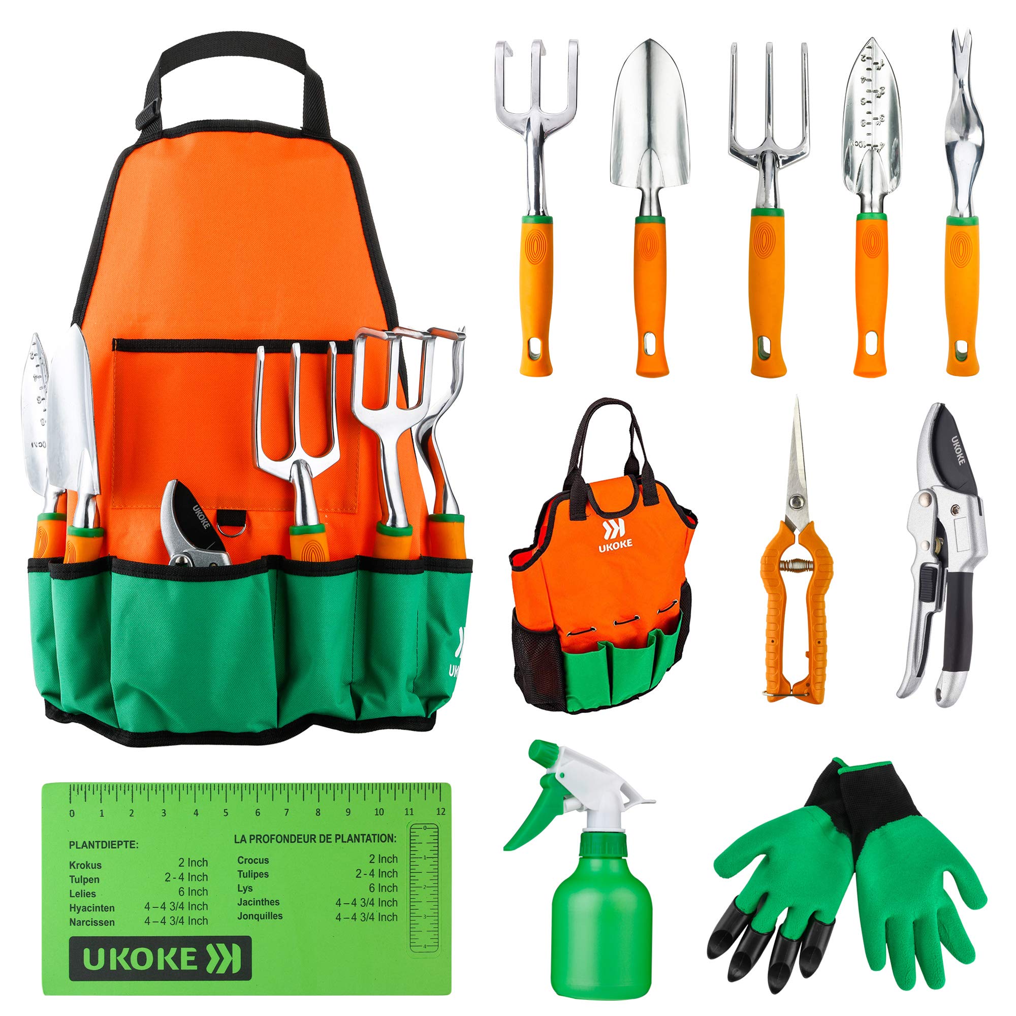 Ukoke Garden Tool Set, 12 Piece Aluminum Hand Kit, Canvas Apron With Storage Pocket, Outdoor Tool, Heavy Duty Gardening Work Set Ergonomic Handle, Tools For Women Men