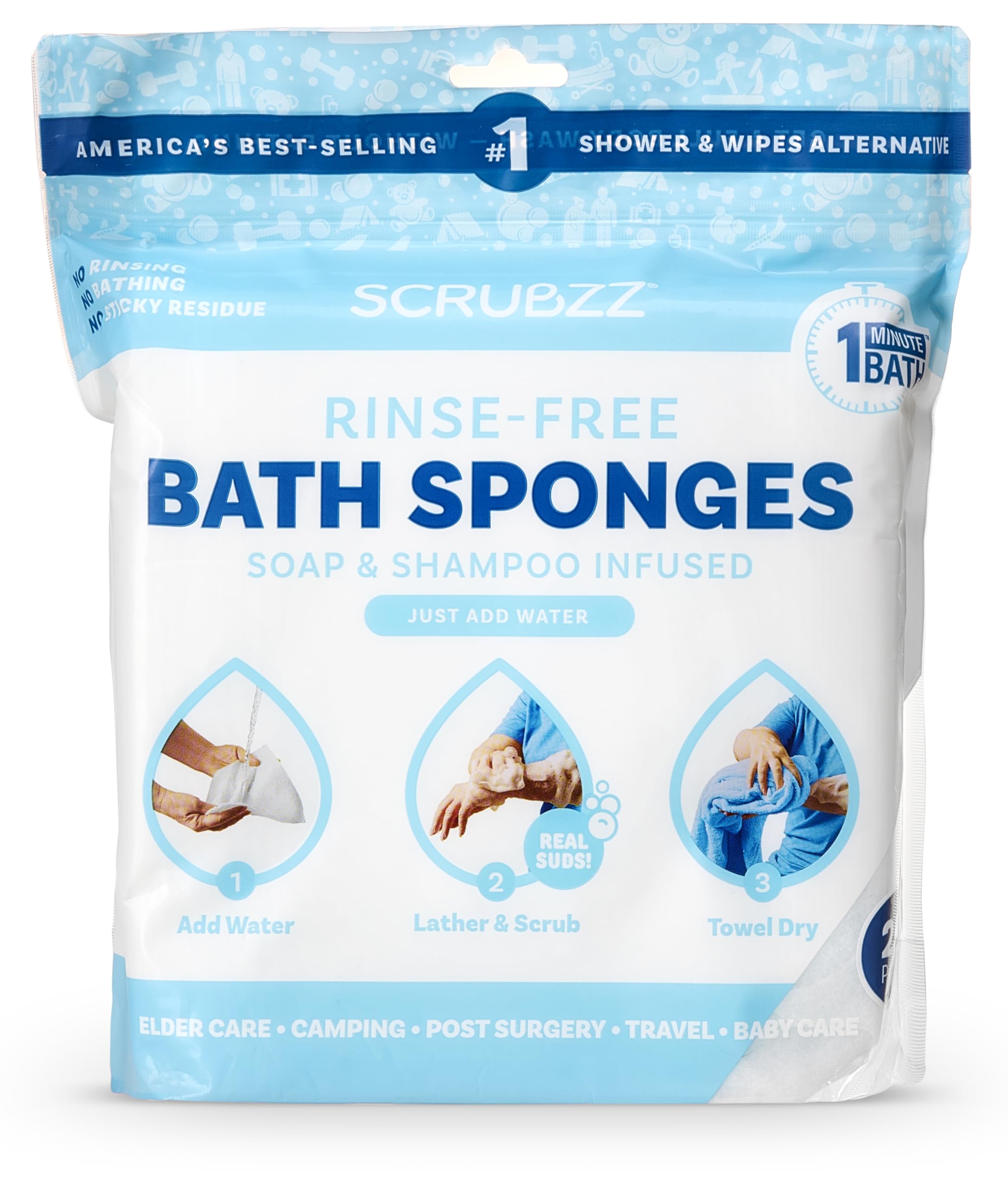 Scrubzz Disposable Rinse Free Bathing Wipes - 25 Pack - All-in-1 Single Use Shower Wipes, Simply Dampen, Lather, and Dry Without Shampoo or Rinsing