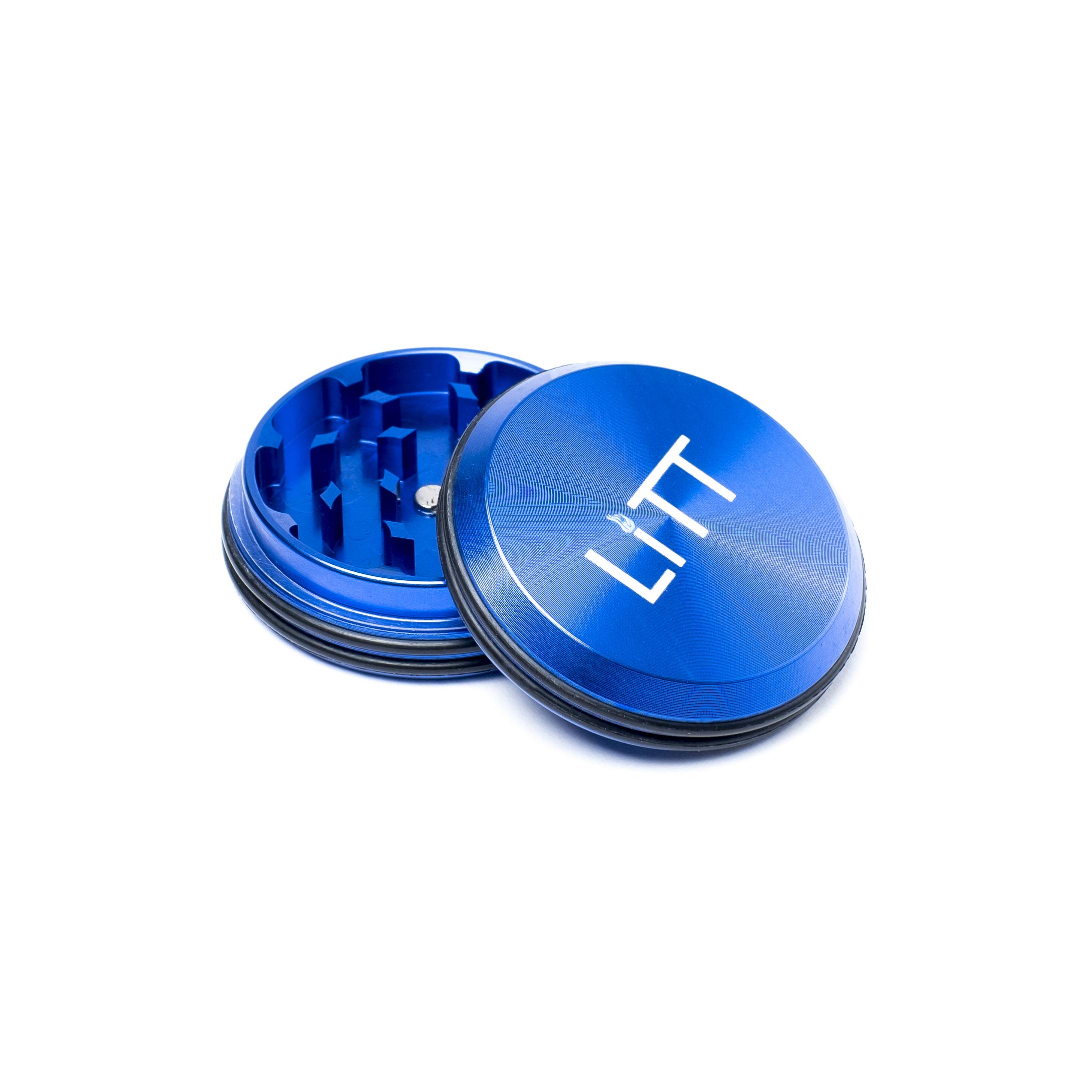 LITT Premium Grinder - Flat Pocket-Sized Aluminium Two-Part Grinder with Rubber Grip, Curved Cut Teeth (Blue)