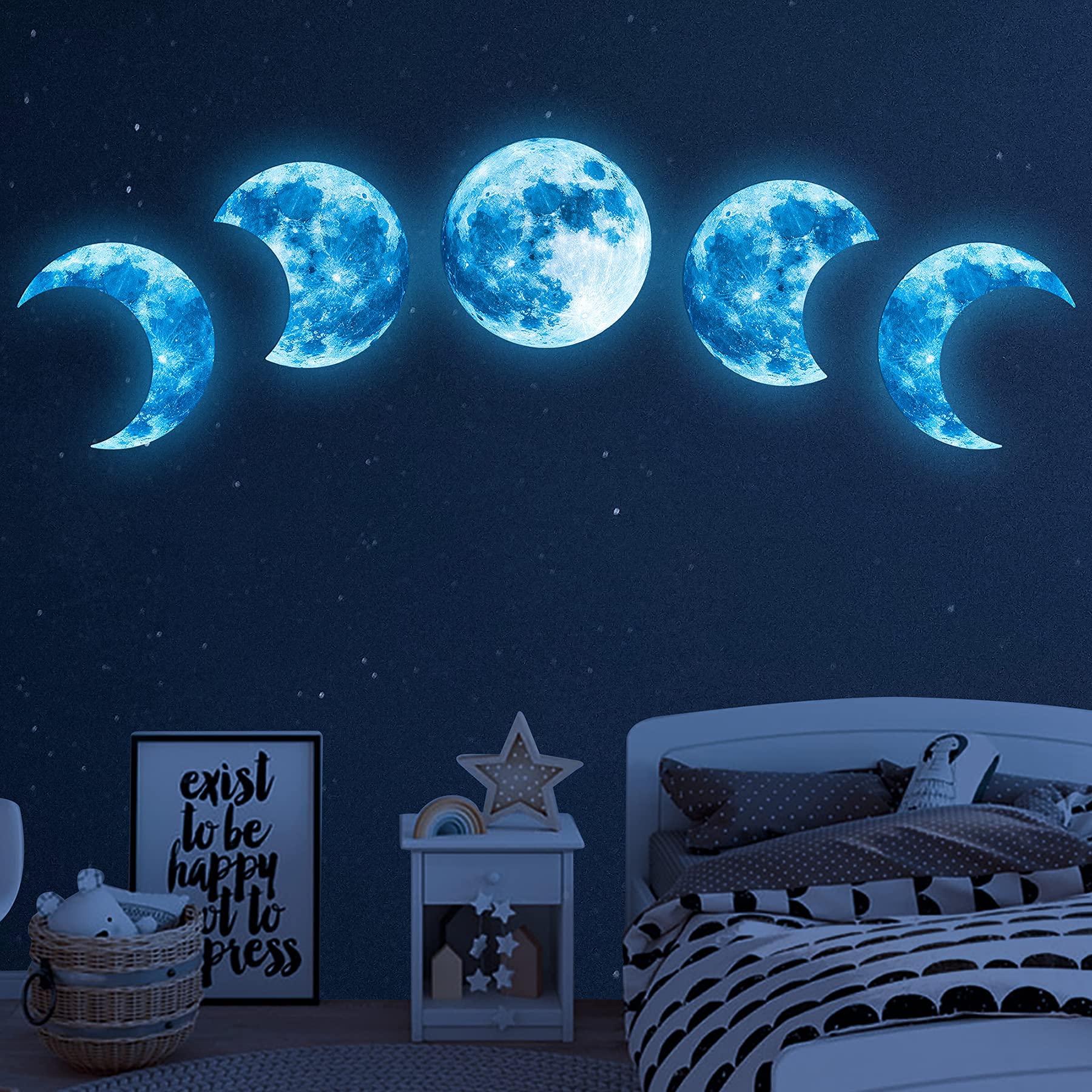 10Pcs Glow in The Dark Moon Wall Decals Large Luminous Space Planet Moon Phases Wall Sticker Glow in The Dark Stickers for Ceiling Removable Vinyl Boho Wall Decor for Kids Boys Girls Bedroom Nursery