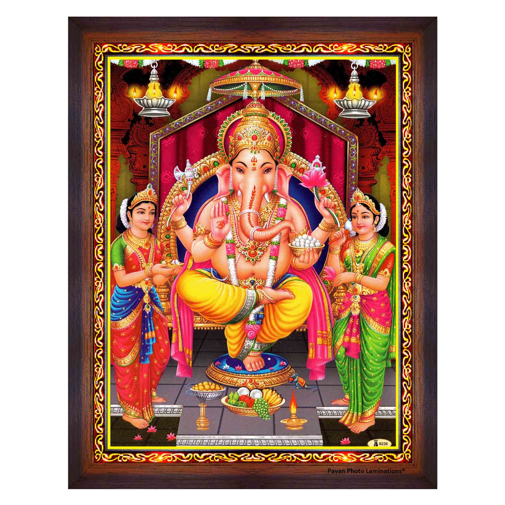 Pavan Photo Laminations Ridhi Sidhi Ganesh Riddhi Siddhi Hanging Wall Painting Framed Home Decor (Wood,Matte,Brown,Small Size,6x8 Inch) B1028S