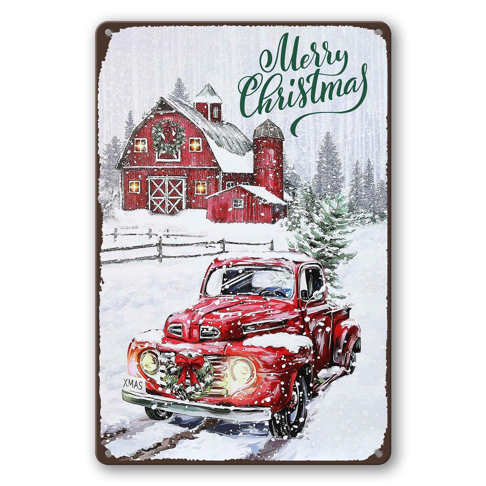 Merry Christmas Metal Tin Sign Vintage Christmas Red Truck Wall Sign Retro Christmas Tree Metal Plaque Sign Decorations Christmas Gift For Home Decor 8x12 Inch