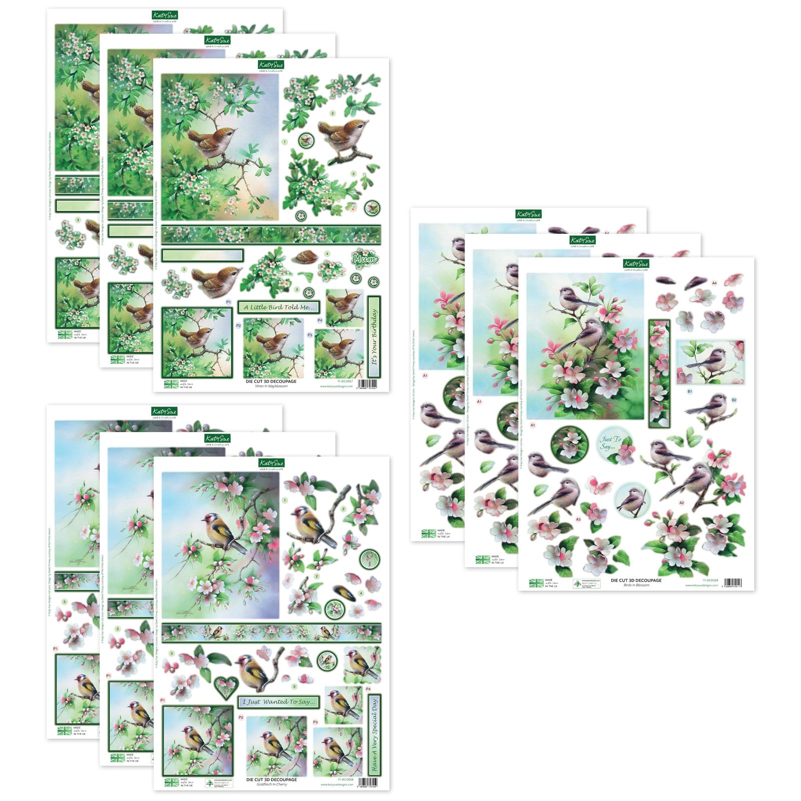 Katy SueBirds & Spring Blossoms' Die Cut Decoupage Pack - Contains 9 Sheets of Katy Sue Wren in May Blossom, Birds in Blossom & Goldfinch in Cherry Die Cut Decoupage