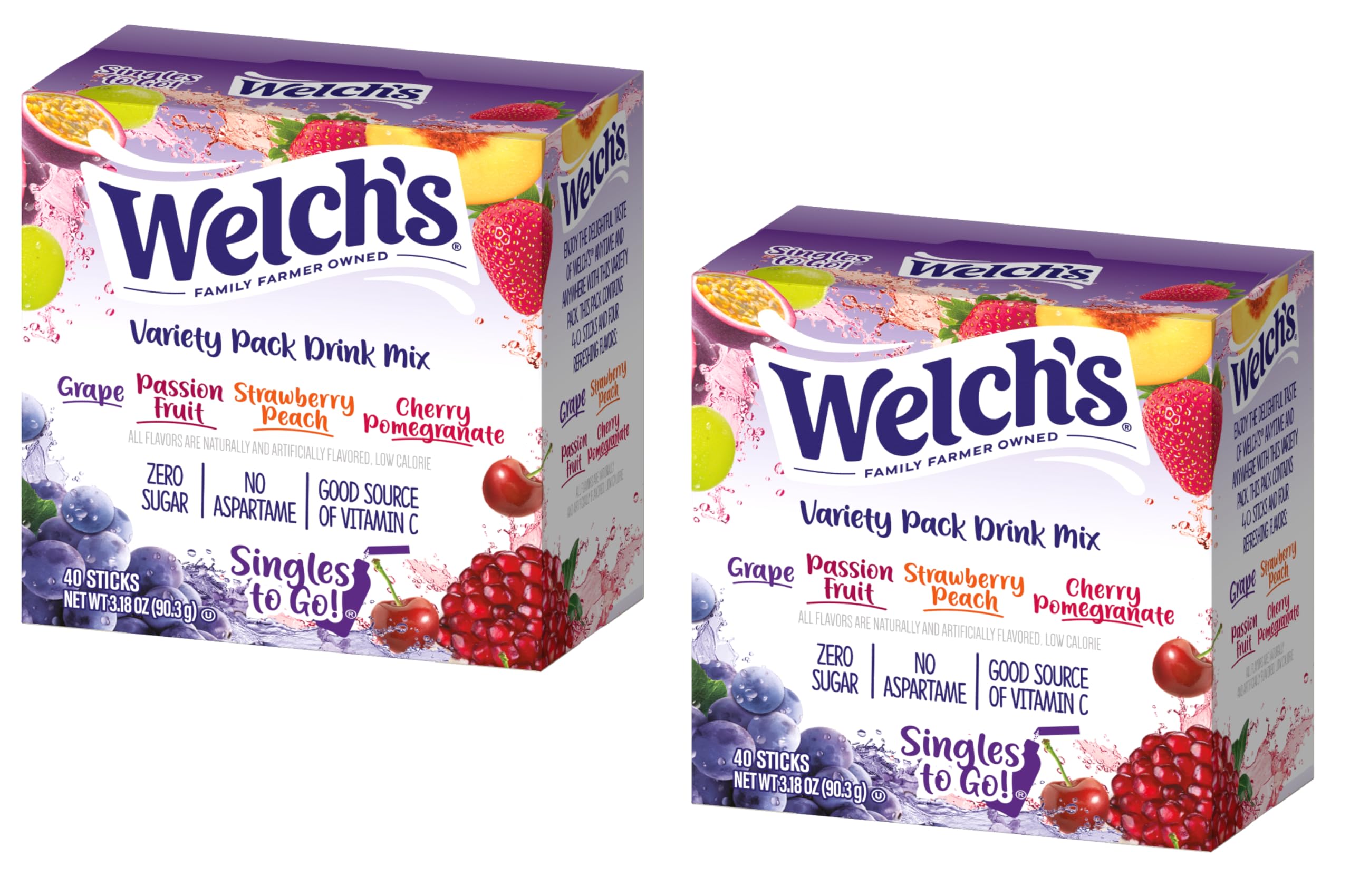 Welch's Singles To Go Powdered Drink Mix 40ct Variety Pack - Pack of 2-4 Delicious Flavor in Each Box - Grape, Passionfruit, Strawberry Peach, and Cherry Pomegranate