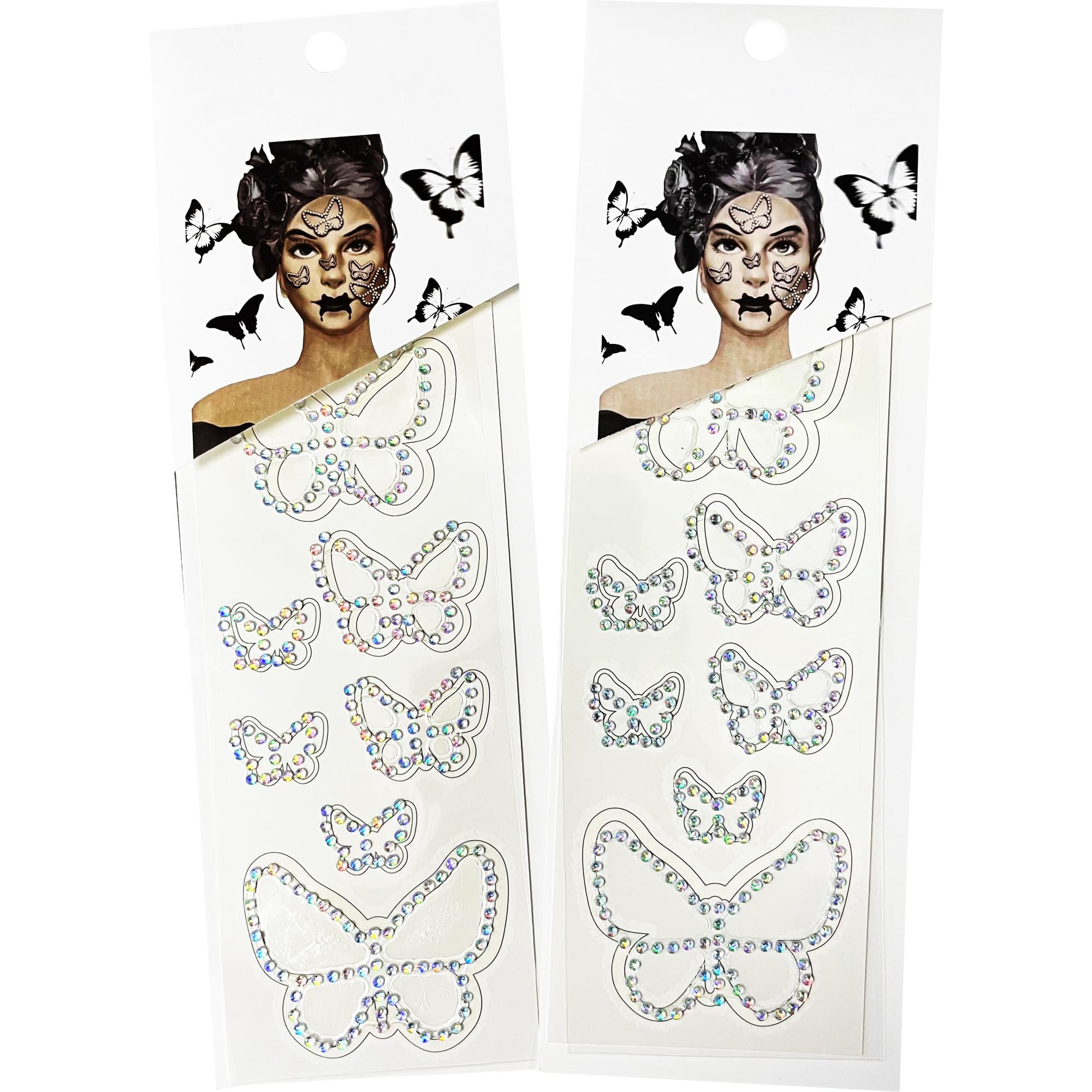 Fake Butterfly Face Tattoos Temporary and Rhinestones Butterfly Face Gems Crystals Pearls Stick on Jewels Tattoo Festival Diamonds for Face Makeup,2-Pack