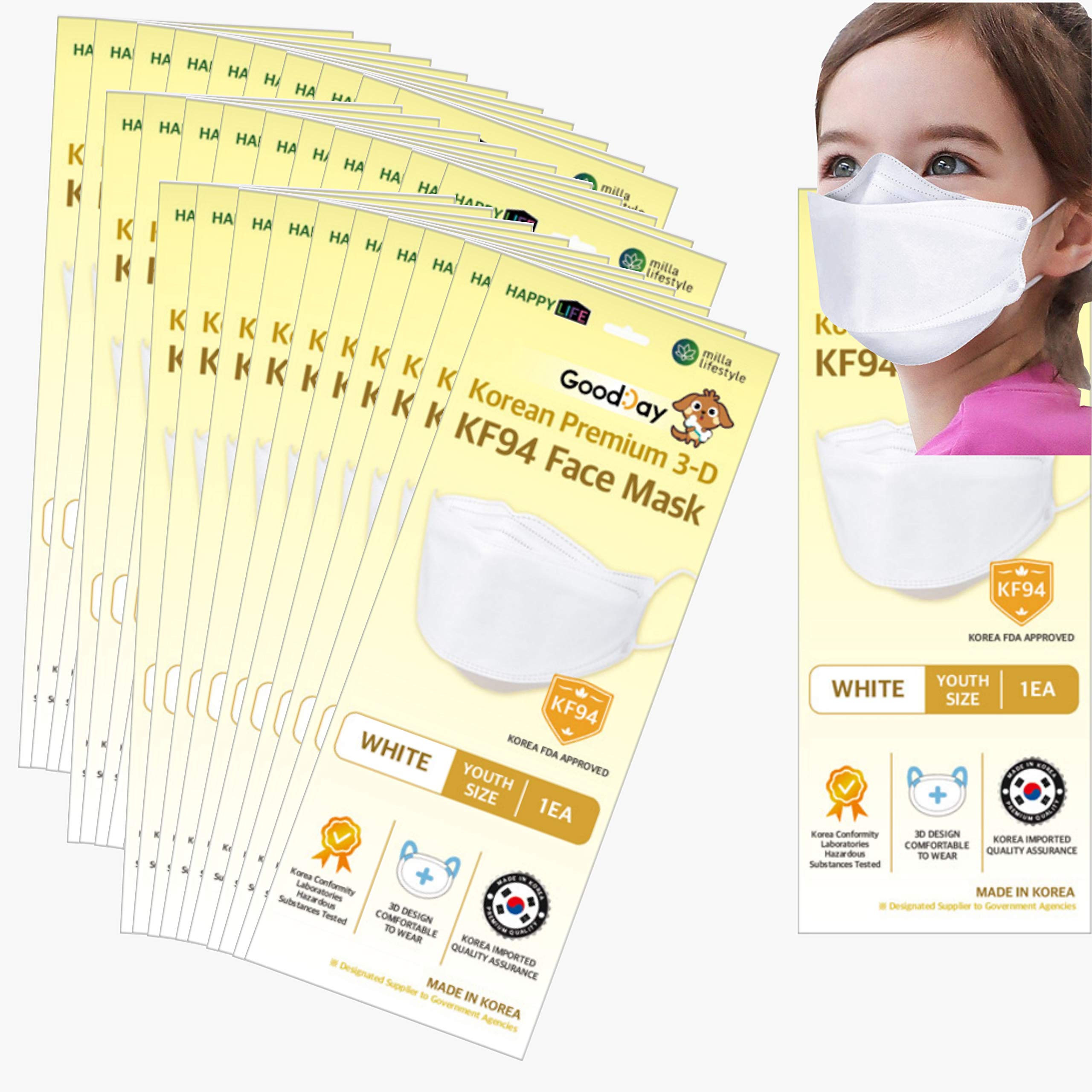 (Pack of 30) Premium 3D Disposable White Kids KF94- Face Mask, Youth Mask, Age 5-15 Old, 4-Layer Filters, Protective Nose Mouth Covering Dust Mask, Individual Packs, White Color, Made in Korea. (30)