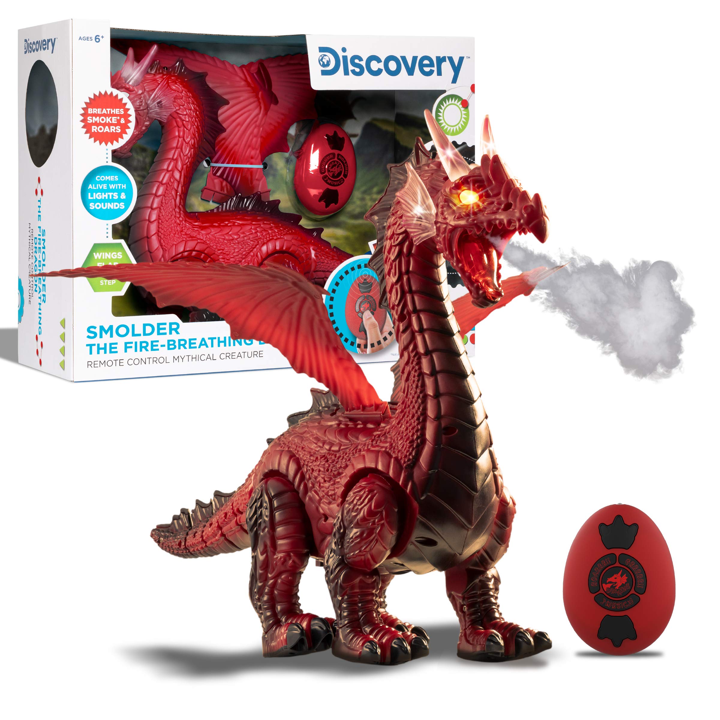 Discovery Kids RC Dragon Smoke, Large Dinosaur Toy w/Actual Smoke Breath, Wing-Flapping, Roaring, Light-Up, Realistic Sound, Easy to Use Remote Control, Fire Mist, Fun Robot Birthday