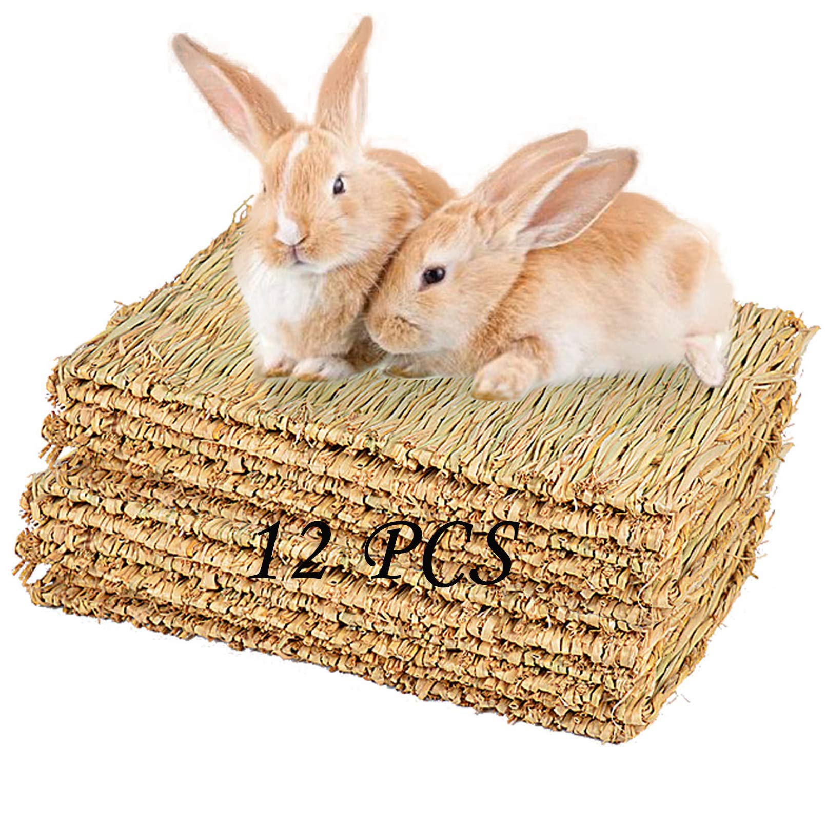 PINVNBY Rabbit Grass Mat, Pet Natural Straw Woven Bed, Small Animal Hay Mat Sleeping, Chewing, Nesting and Toys for Bunny Guinea Pig Hamster and Rat Bed Mat (12 Pack)