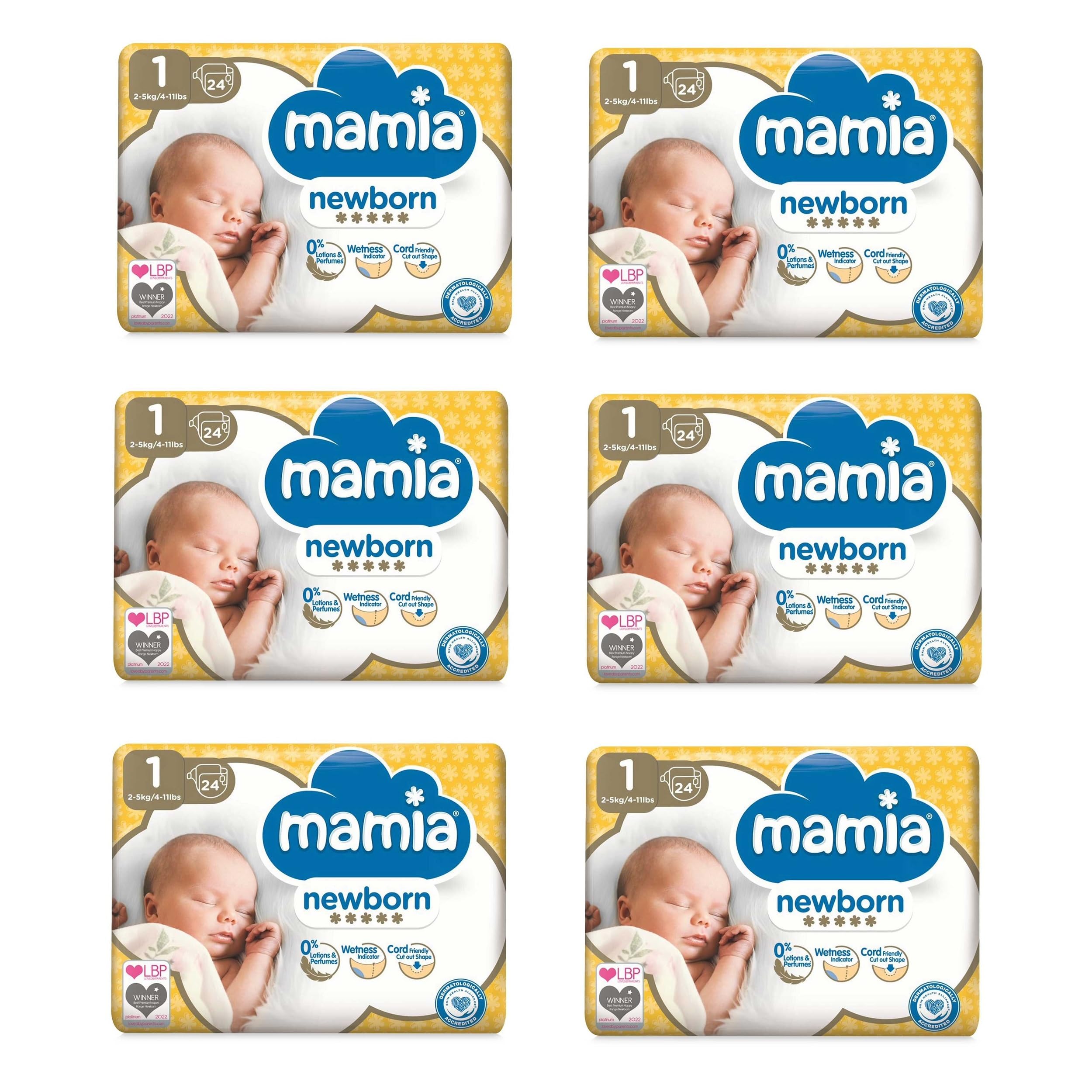 Mamia Size 1 Nappies Newborn 24 Pack, 144 Nappies (6 x 24)