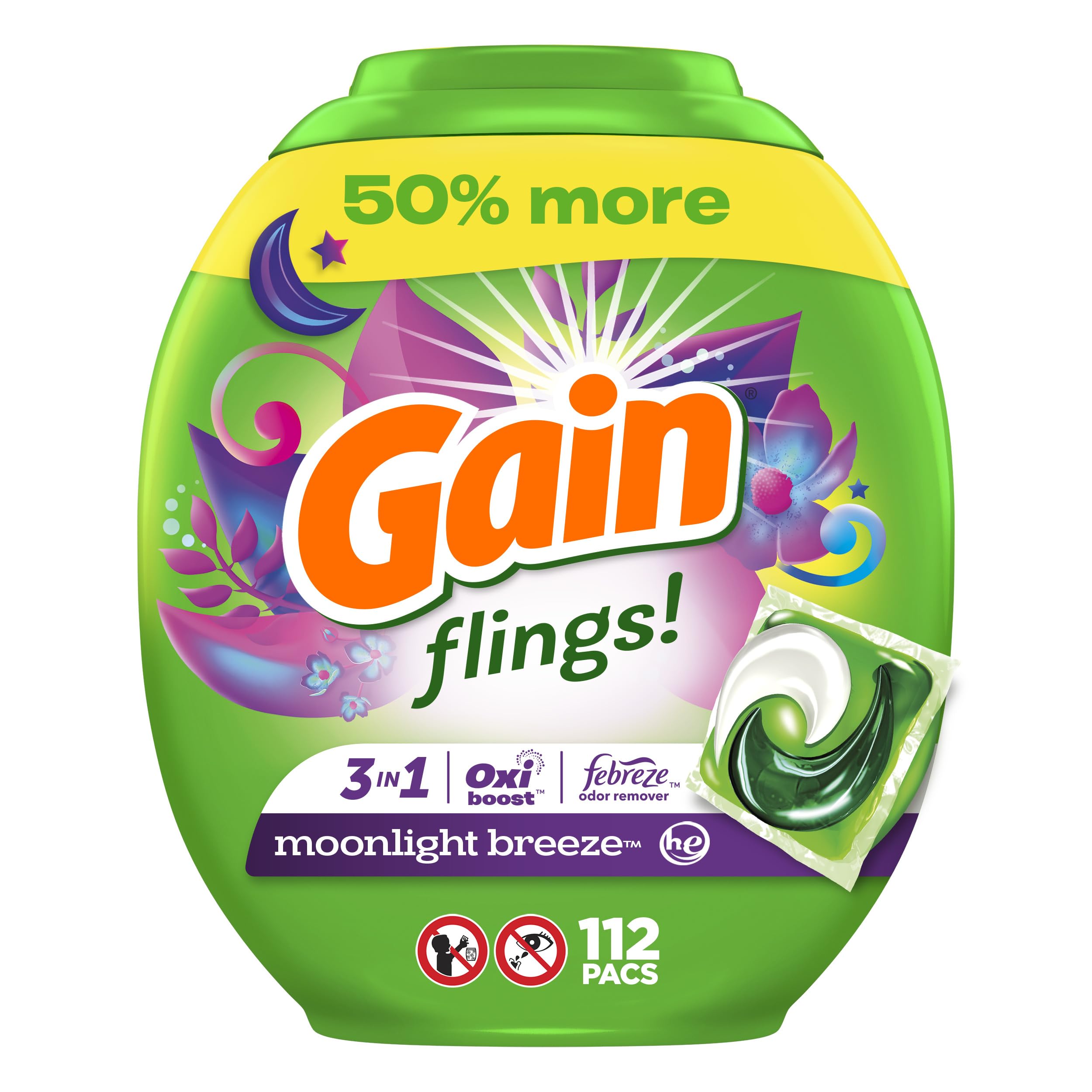 Gainflings Laundry Detergent Soap Pacs HE Compatible 112 ct Long Lasting Scent Moonlight Breeze(Packaging May Vary)