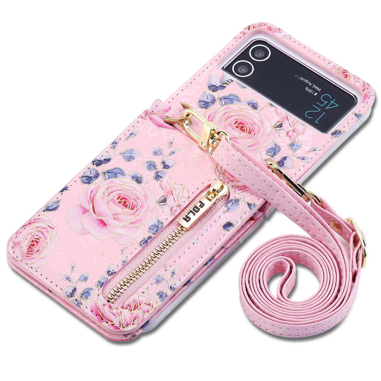 SZHAIYU Flower Wallet Purse for Samsung Galaxy Z Flip 4 5G Crossbody Case with Credit Card Holder Strap Lanyard Women Floral Kickstand Flip Leather Zipper (Pink,Z Flip 4)