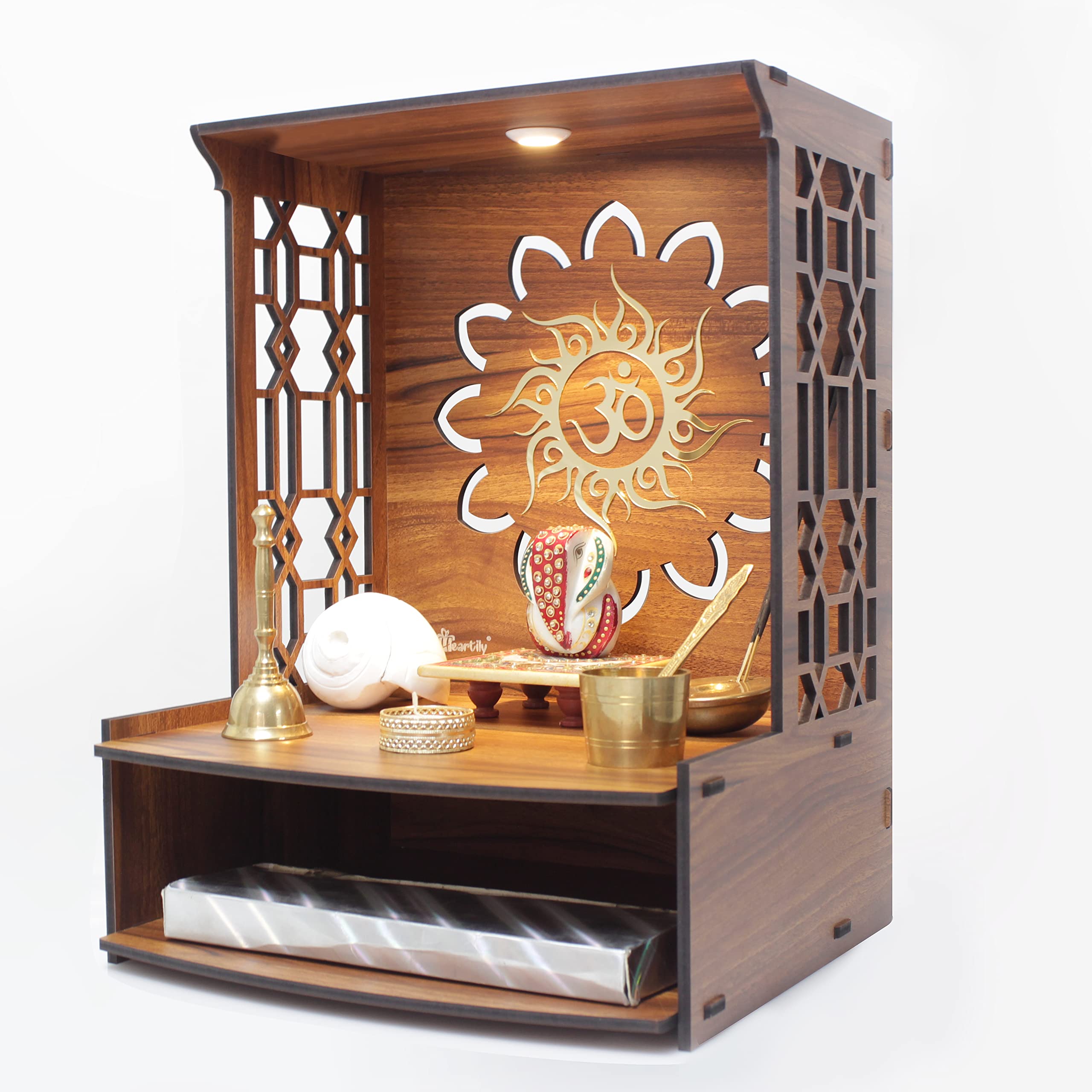 Heartily® Mangal Beautiful Wooden Pooja Stand for Home Pooja Mandir for Home Temple for Home and Office Puja Mandir for Home Wall Mounted with LED Spot Light Size (H- 15.5, L- 11.5 , W-11 Inch)