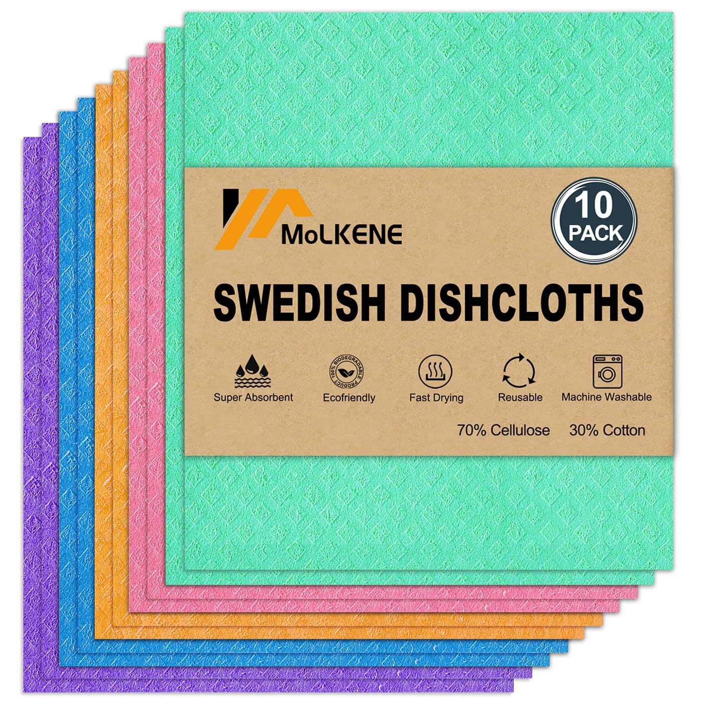 Swedish Dish Cloths - 10 Pack Reusable Kitchen Dishcloths - Ultra Absorbent Dish Towels for Washing Dishes - Cellulose Sponge Cloth Cleaning Rag - Assorted