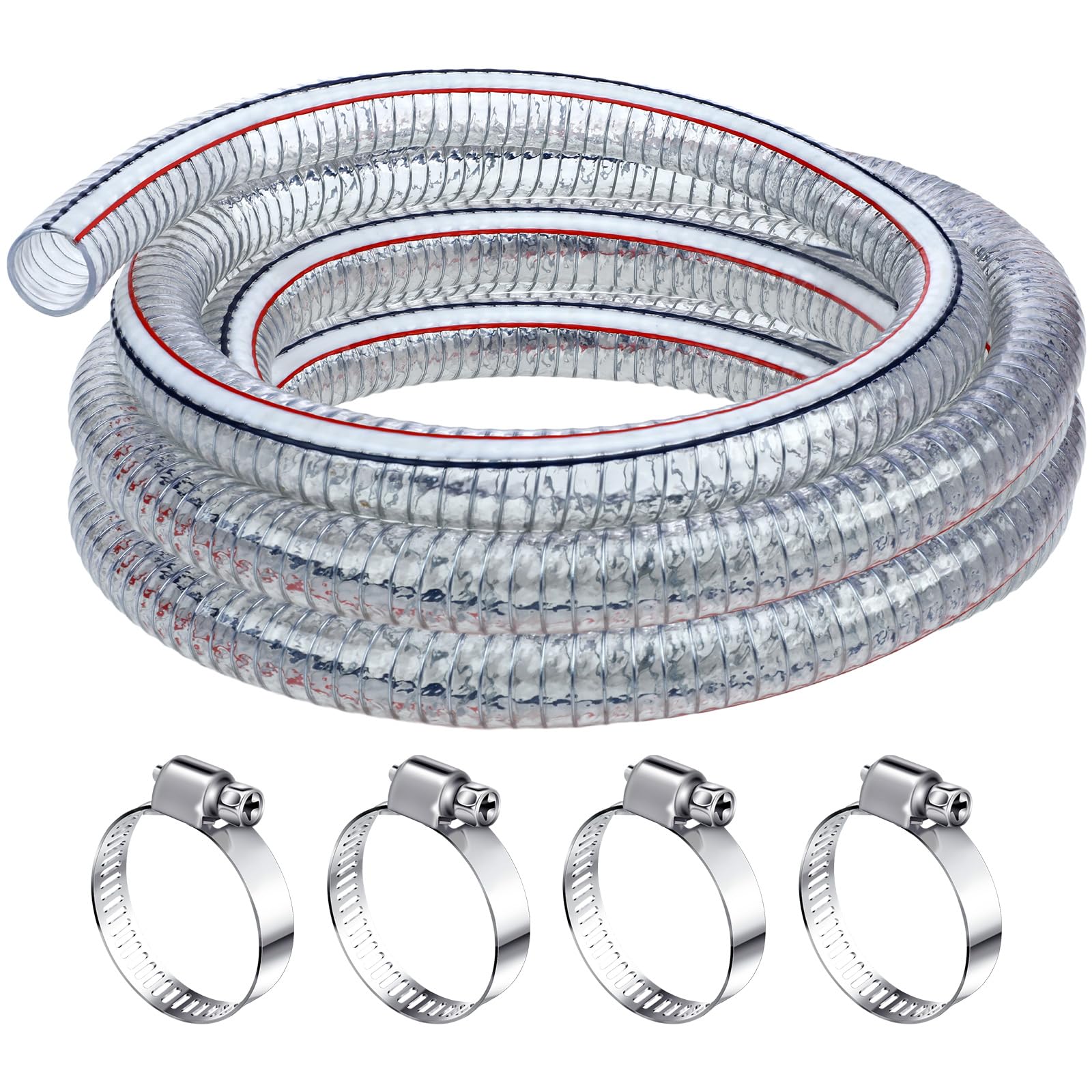 Frienda Heavy Duty Steel Wire Flexible Tubing with Fasteners PVC High Pressure Drain Hose Tube Pond Tubing Clear Wire Reinforced Hose for Pond Bilge Pump Hose Vacuum Suction Hose(6.6 Ft, 3/4 Inch Id)