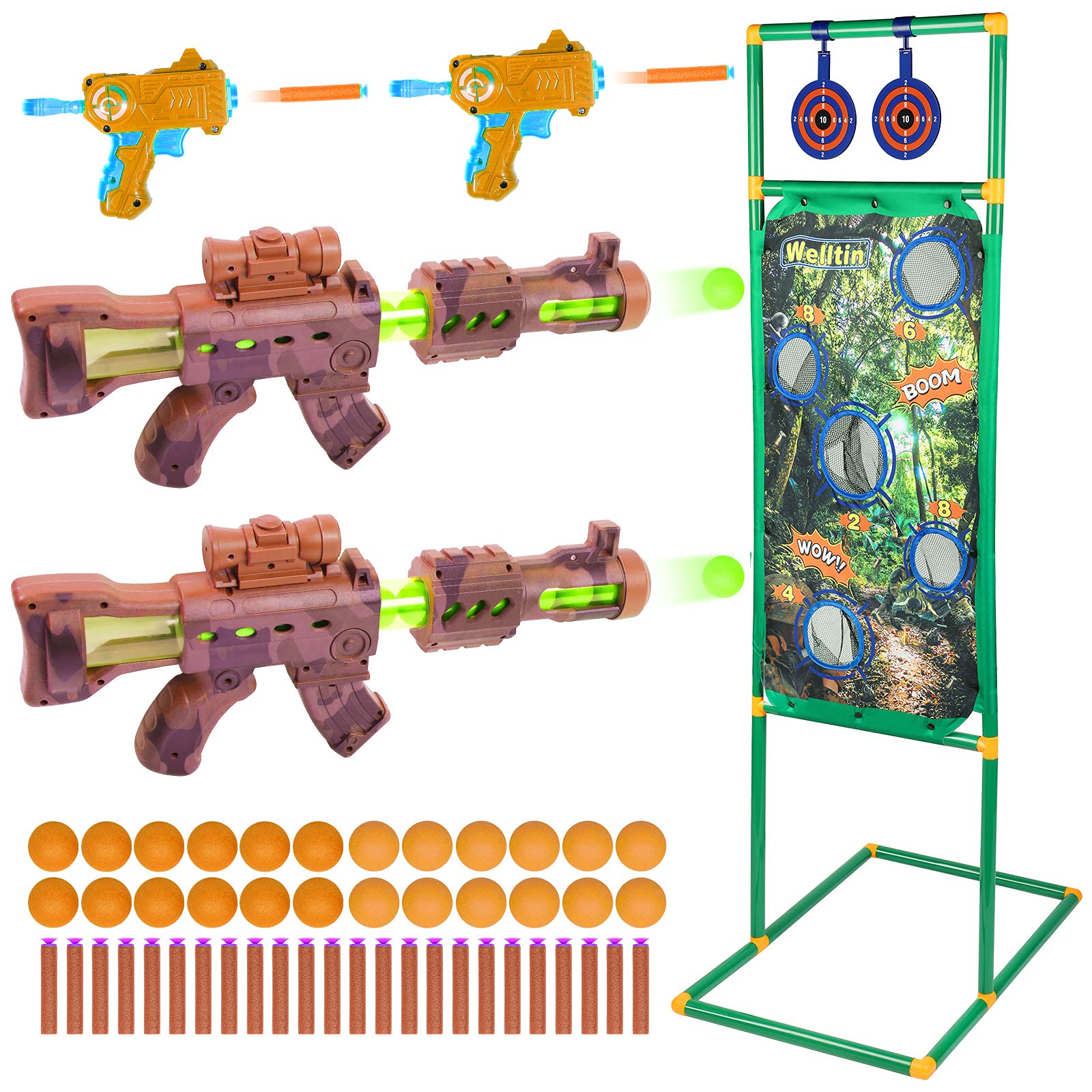 Welltin Shooting Games Toys for Age 6, 7, 8,9,10+ Years Old Kids Boys, 2 PK Popper Toys Guns with Standing Target & 24 Foam Balls Compatible with Nerf Guns, Indoor-Outdoor Activity Party Game for Kids