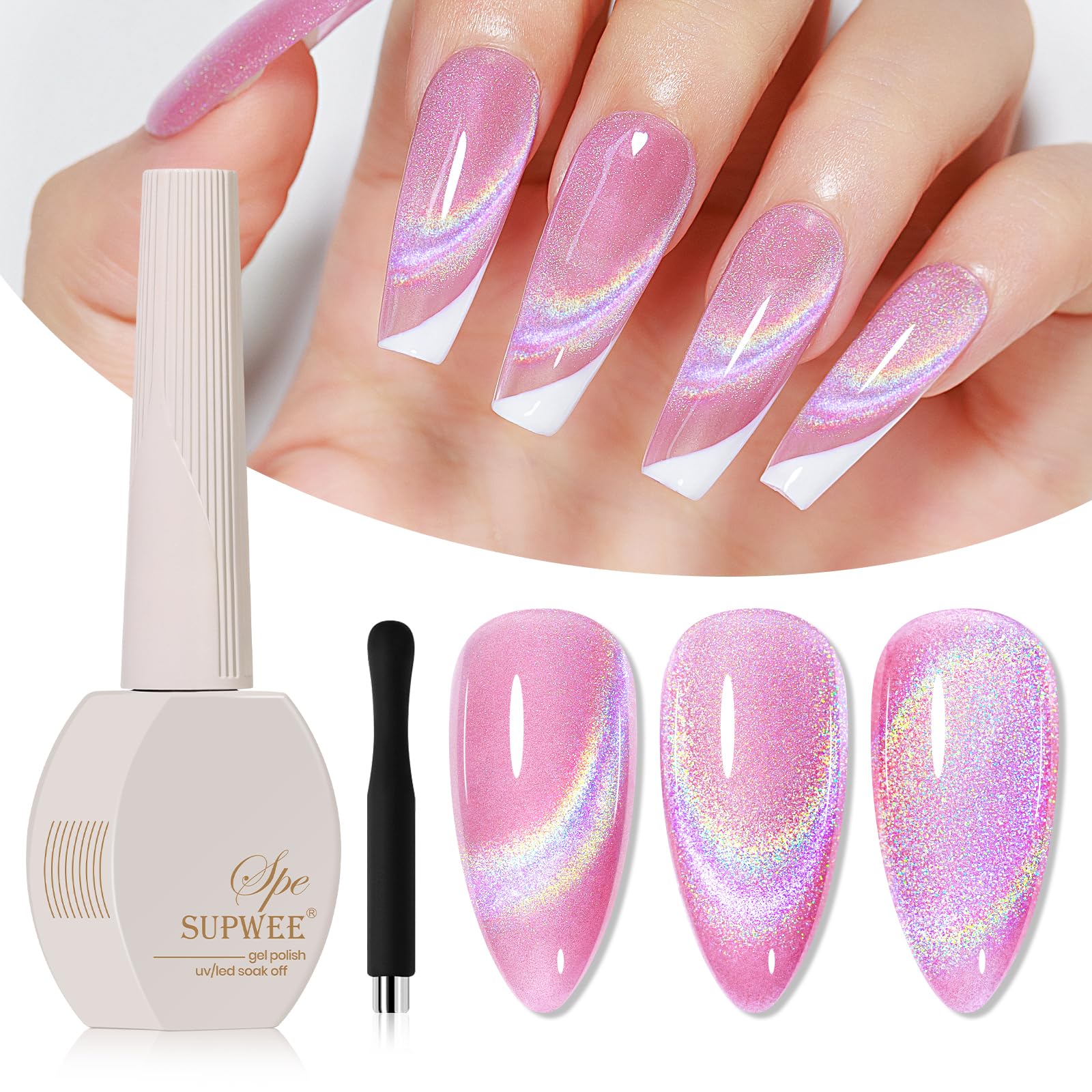 SUPWEEPink Rainbow Cat Eye Gel Nail Polish Glitter Holographic Gel Polish with Magnetic Stick for a Glittery Iridescent Galaxy Effect Soak Off UV Lamp Perfect for Nail Art & DIY Manicures at Home