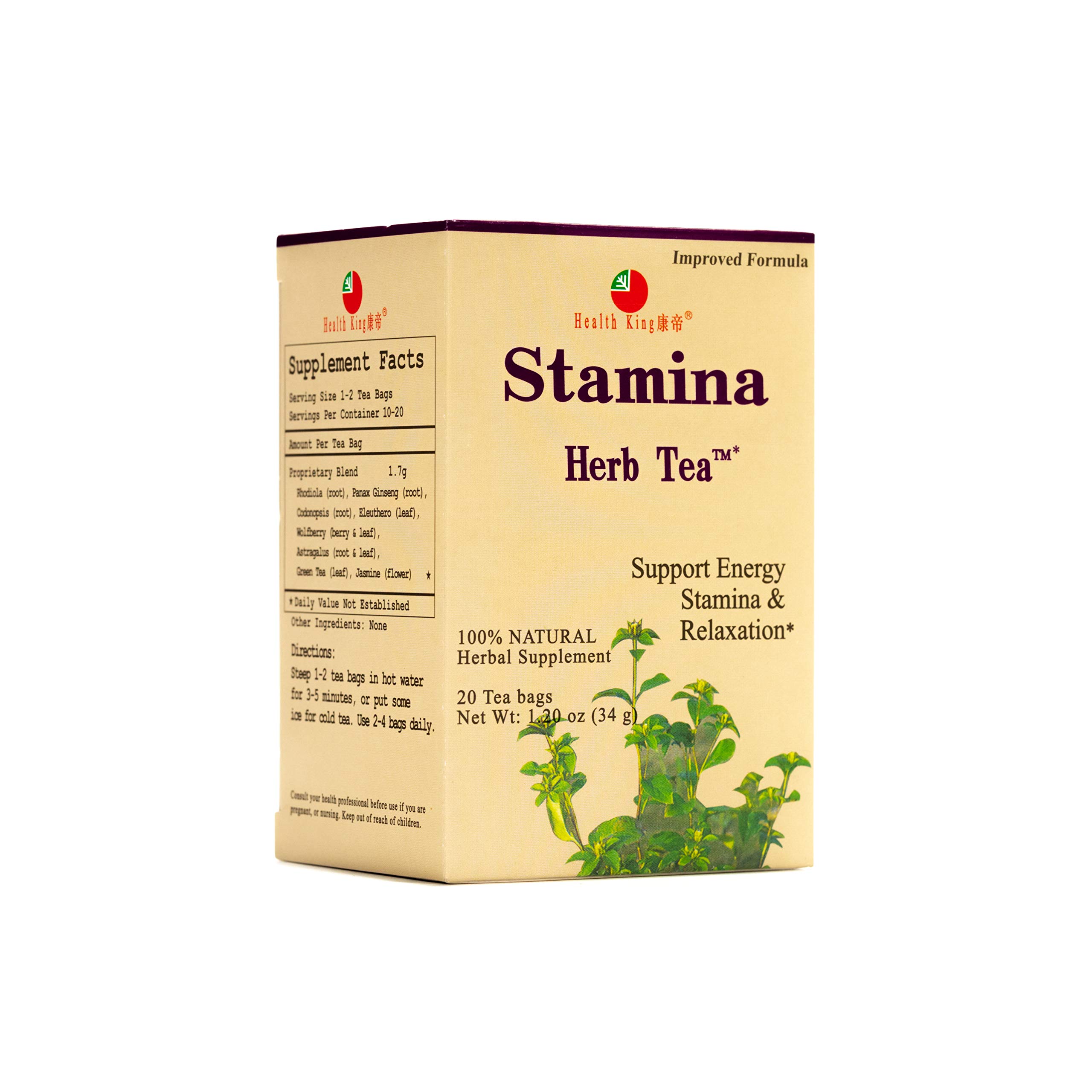 Health King Stamina Herb Tea, Teabags, 20 Count Box