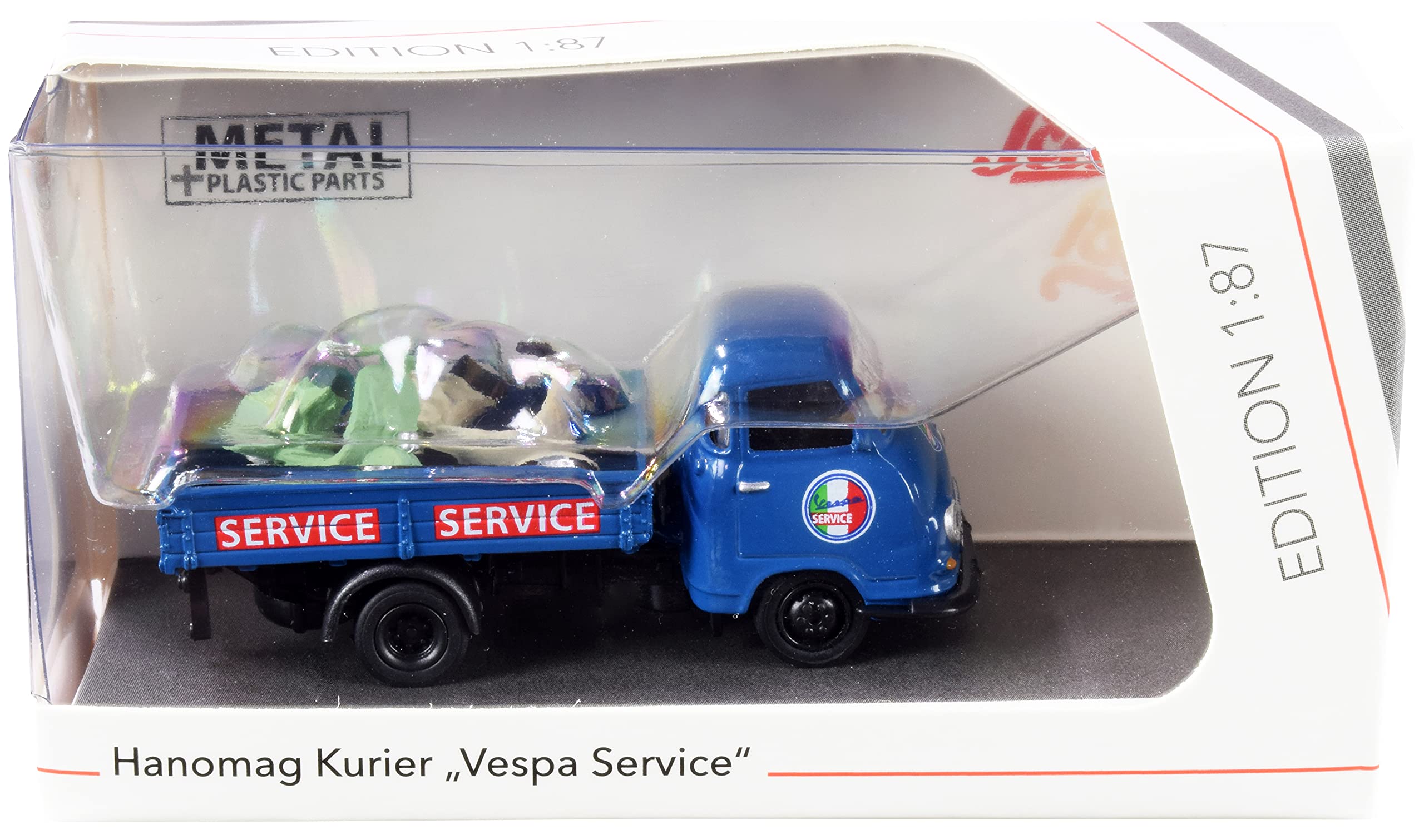 Schuco Hanomag Kurier Transporter Vespa Service Blue with 2 Vespas (Green and Cream) 1/87 (HO) Diecast Models 452661400