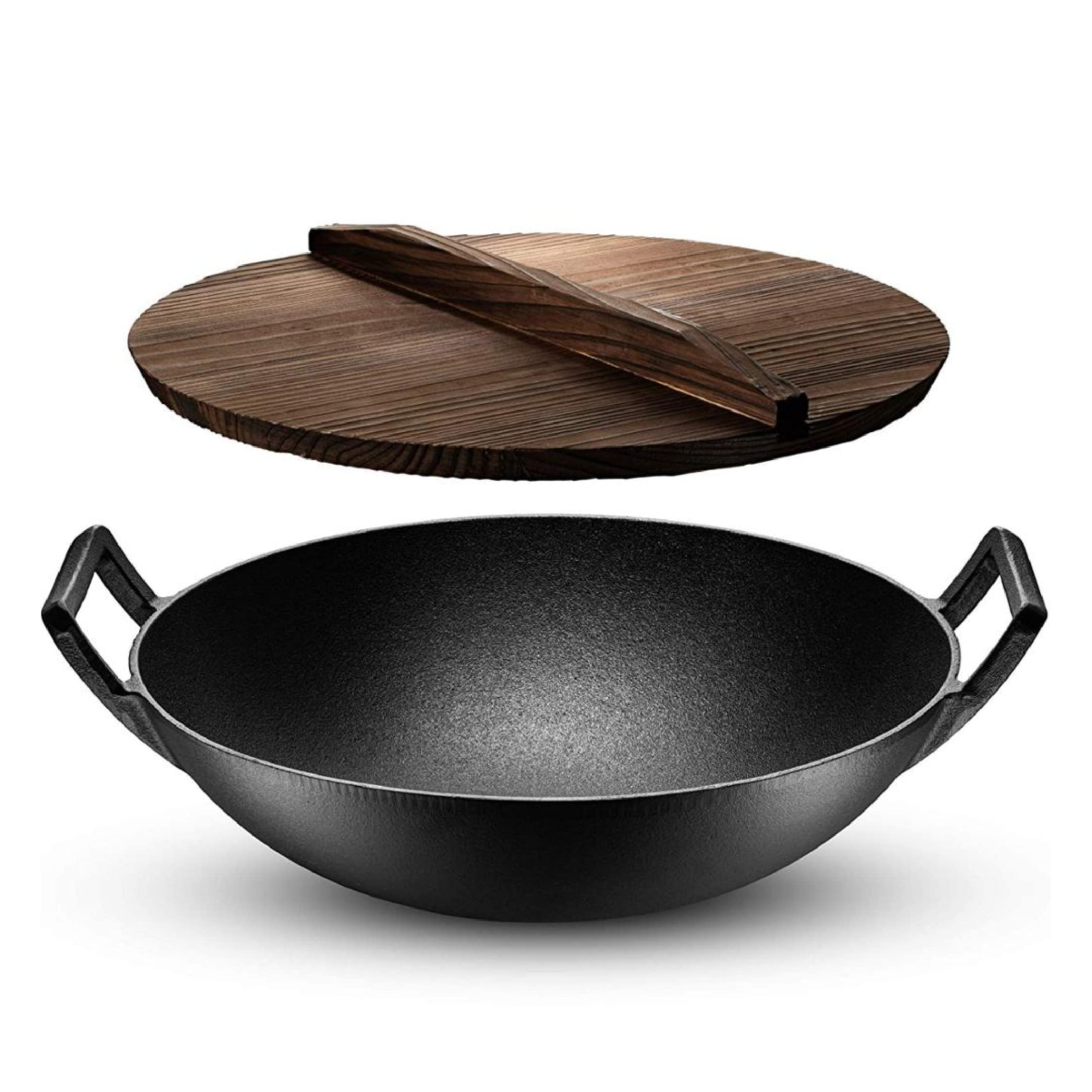 Big smoke's Cast Iron Wok Non Stick for Stir Fry, Grilling, Frying and Steaming Professional Cast Iron Wok with Lid Non Stick | Wok Pan with Elegant Wooden Lid and Wide Handles | 30cm