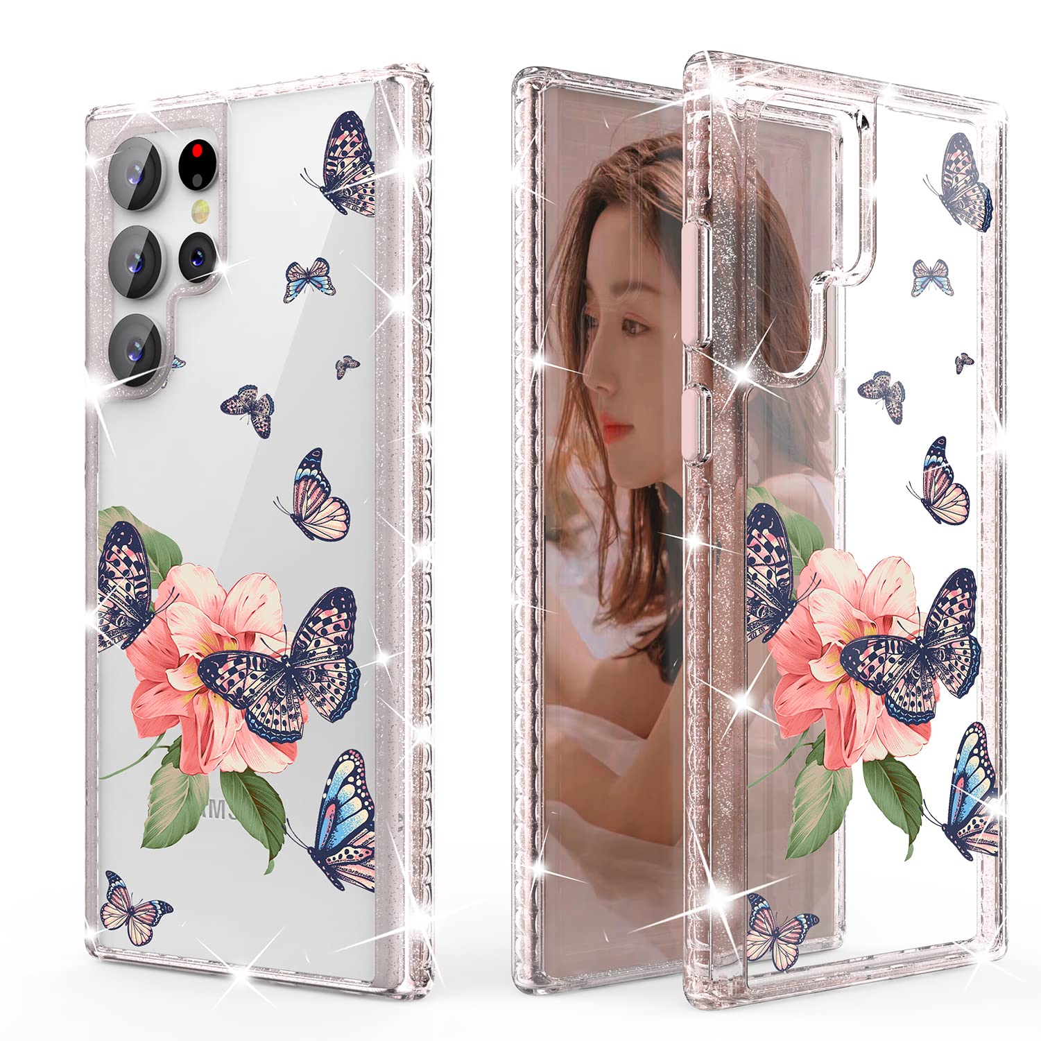 WATACHE for Galaxy S22 Ultra Case,Clear Glitter Flower Floral Butterfly Hybrid Hard PC Back + Soft TPU Bumper Shockproof Protective Girls Women Case for Samsung Galaxy S22 Ultra,Clear Flower