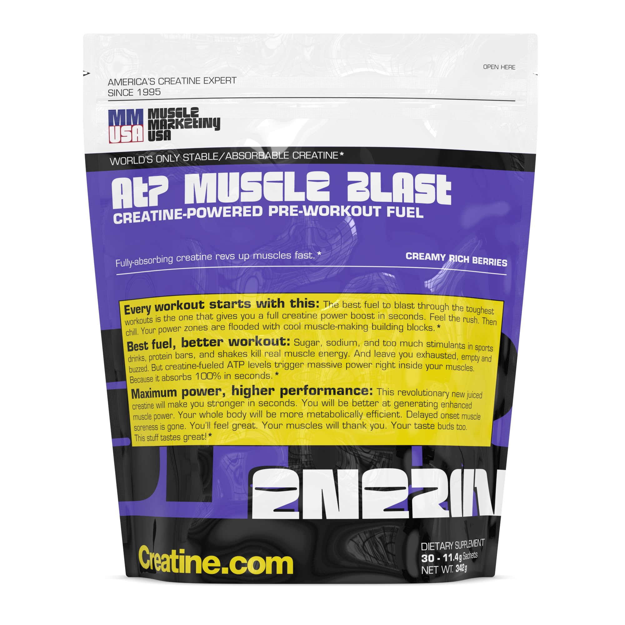 ATP Muscle Blast: World's Only Stable Creatine Energy Drink. Instant Absorption. Immediate Boost for Intense Bodybuilding, Endurance Sports. Train Harder, Recover Faster. 30 sachets, 11.4g each