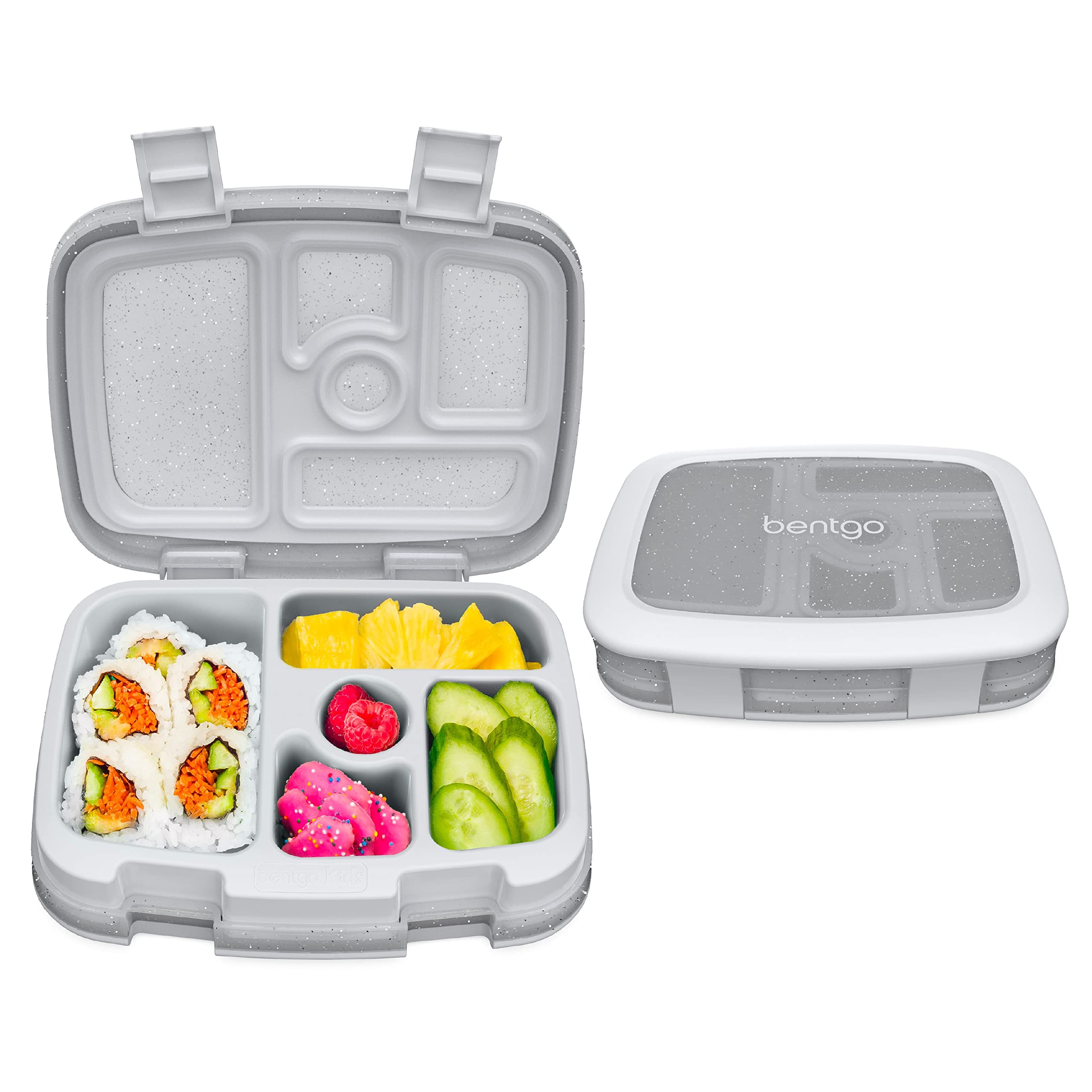 Bentgo® Kids 5-Compartment Lunch Box - Glitter Design for School, Ideal for Ages 3-7, Leak-Proof, Drop-Proof, Dishwasher Safe, & Made with BPA-Free Materials (Glitter Edition - Silver)