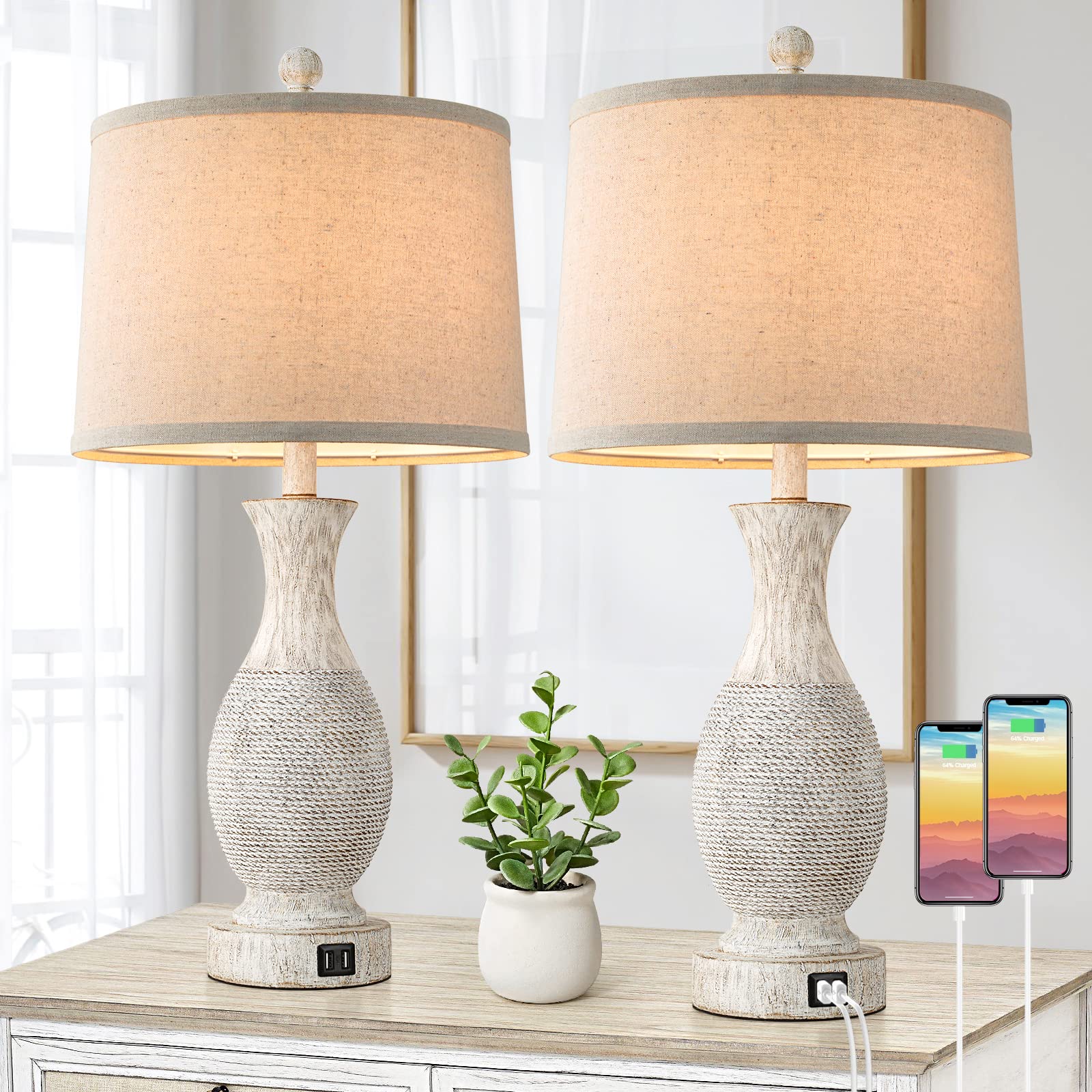 Table Lamps Set of 2-26” Tall Table Lamps with USB Charging Ports, Farmhouse Bedroom Lamps with Rotary Switch & E26 Base, Bedside Nightstand Lamps with Fabric Shade for Living Room Office Bedroom